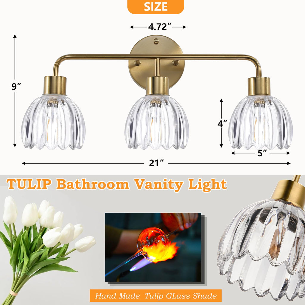 1-Light Gold Brass Bathroom Light Fixture,Wall Sconces set of 2,Brushed Gold Vanlity Light Over Mirror,Bathroom Vanity Light with White Tulip Glass Flower Shade,E26 Socket(Bulbs Not Included)
