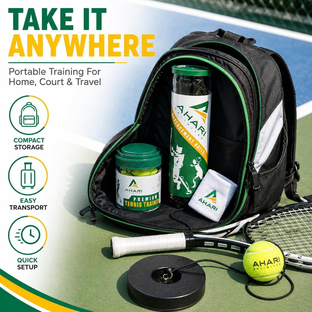 Premium Tennis Trainer Set, Pro Rebounder with Metal Base in a Carrying Cylinder, 3 Replacement Rebound Balls, & Wristband, Portable Tennis Practice Equipment for Solo Training