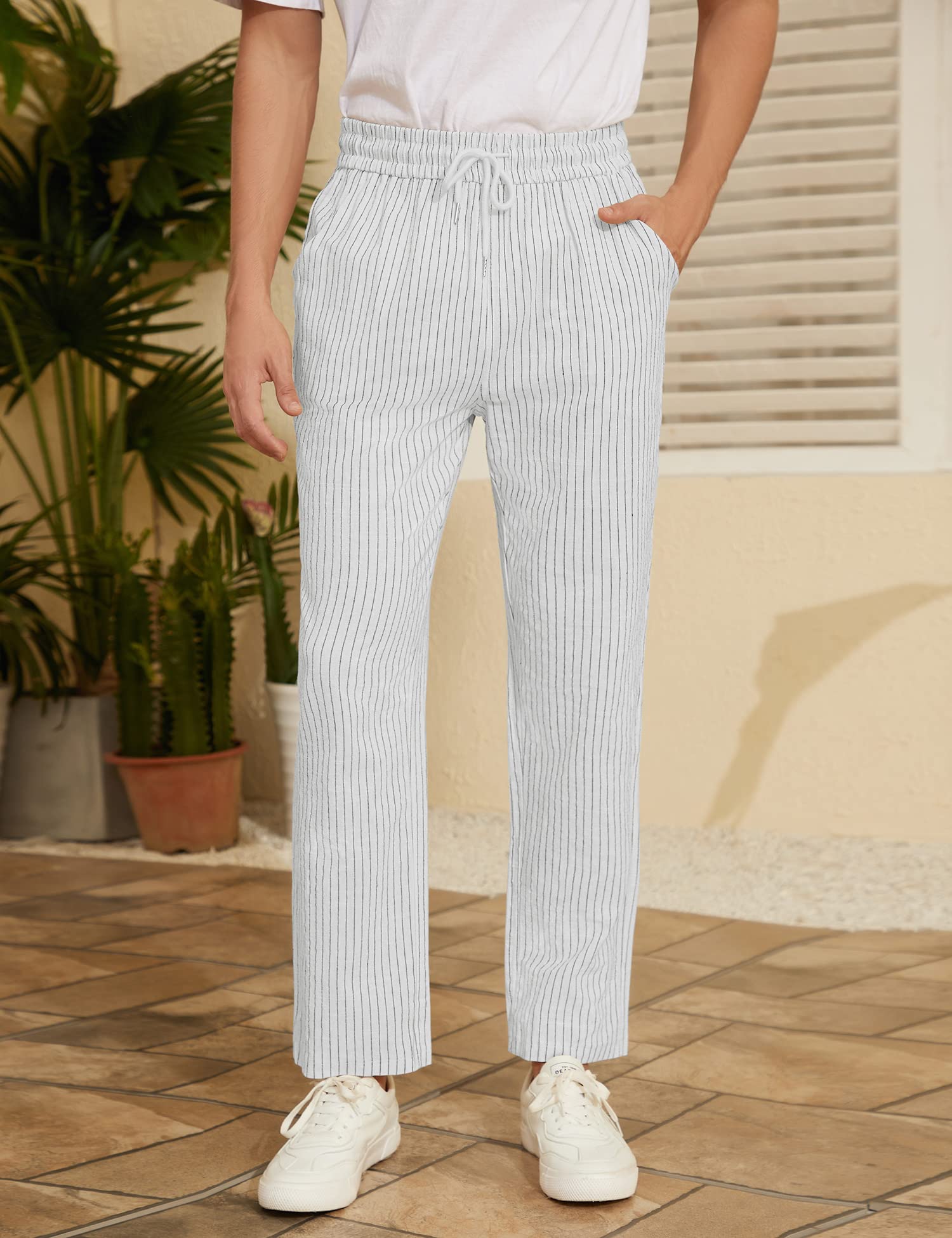 iWoo Linen Pants Men Casual 2025 Summer Beach Elastic Drawstring Waist Yoga Pants Travel Baggy Work Pant Pajama