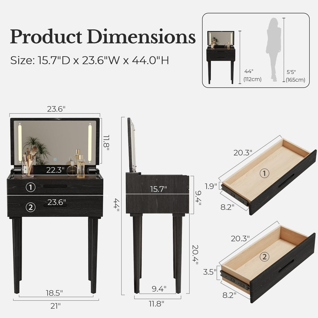 Muwuele Solid Wood Small Vanity Desk with Mirror and Lights, Narrow Makeup Vanity for Small Space, Flip Top Vanity Side Table, 3 Color Modes & Adjustable Brightness, 19.6" Slim Dressing Table, Black
