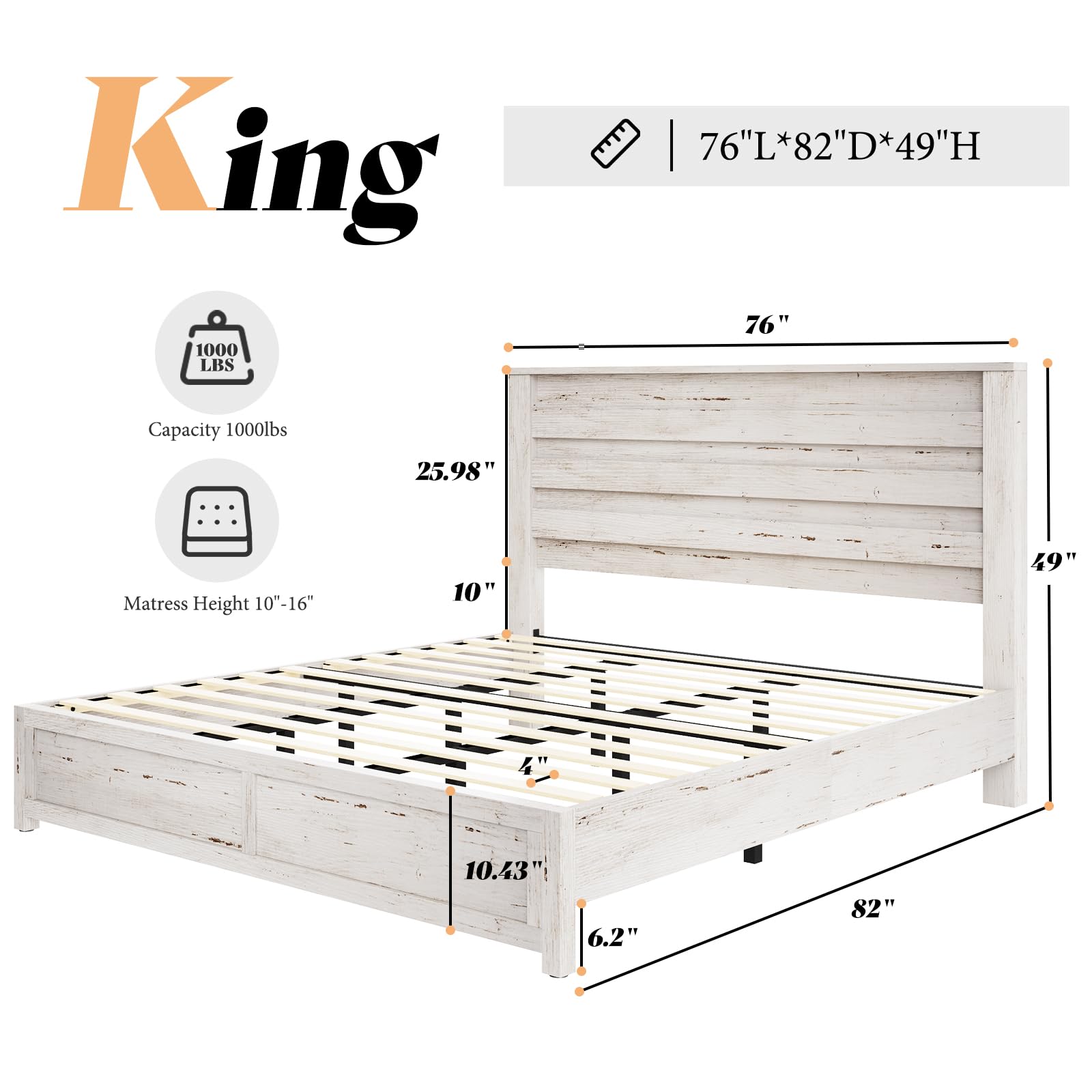AMERLIFE Farmhouse Full Size Bed Frame with 49" Fluted Headboard, Wood Platform Bed with Natural Grain, No Box Spring Needed/Noise Free, Black