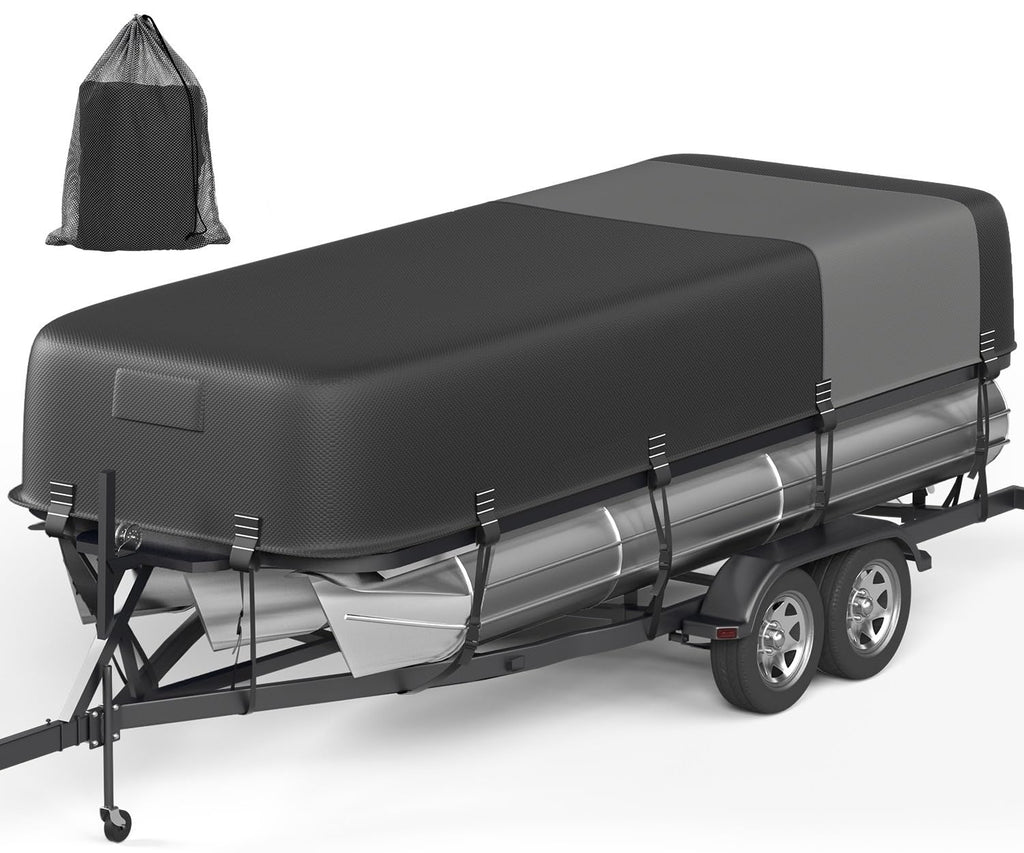 5-Ply 1600D+1200D Pontoon Boat Cover - Fully Waterproof & Ultra-Durable Tear-Resistant, with Large Storage Bag & Reinforced Windproof Straps (Fits 17'-20' Length,102" Width)