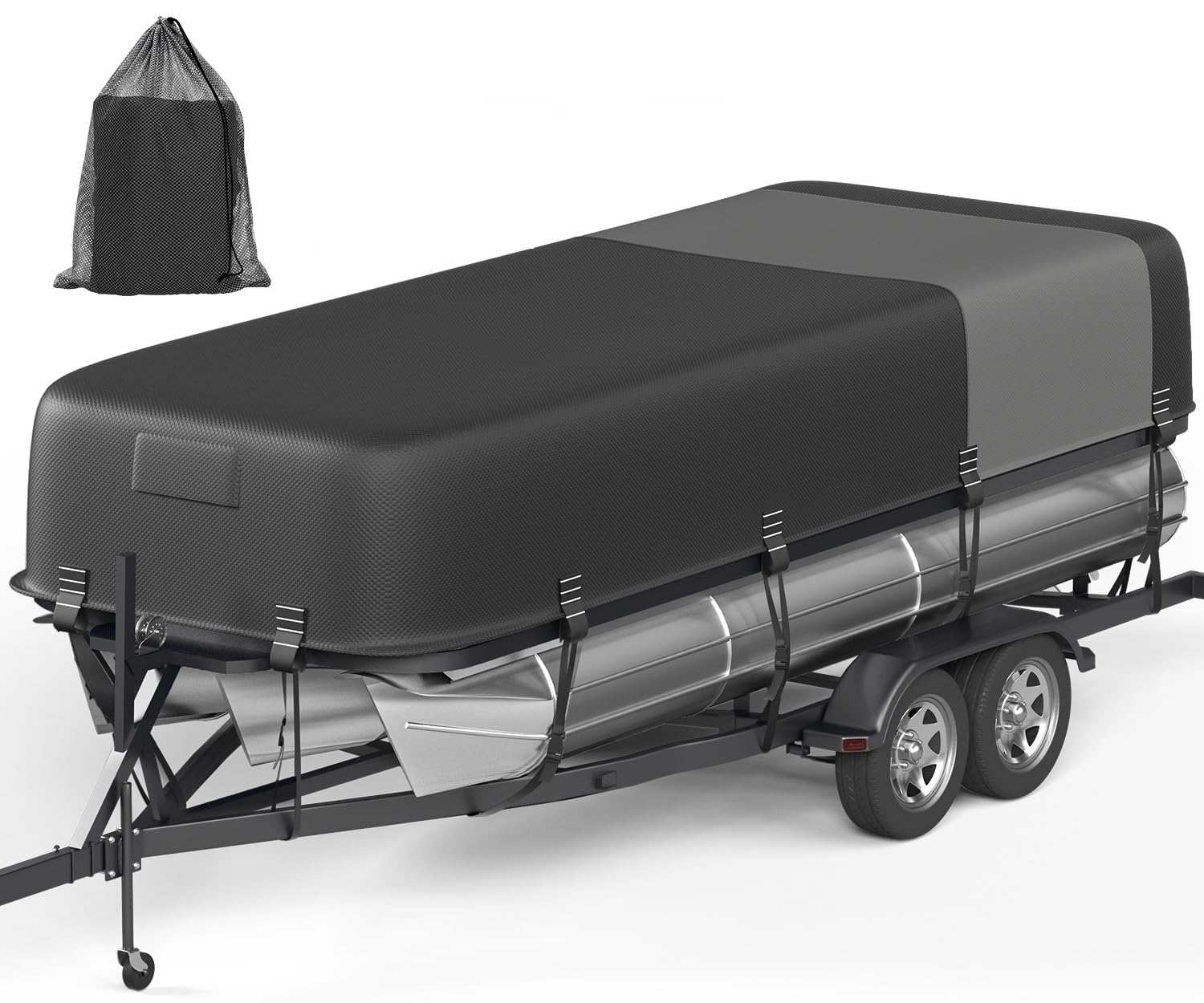5-Ply 1600D+1200D Pontoon Boat Cover - Fully Waterproof & Ultra-Durable Tear-Resistant, with Large Storage Bag & Reinforced Windproof Straps (Fits 17'-20' Length,102" Width)