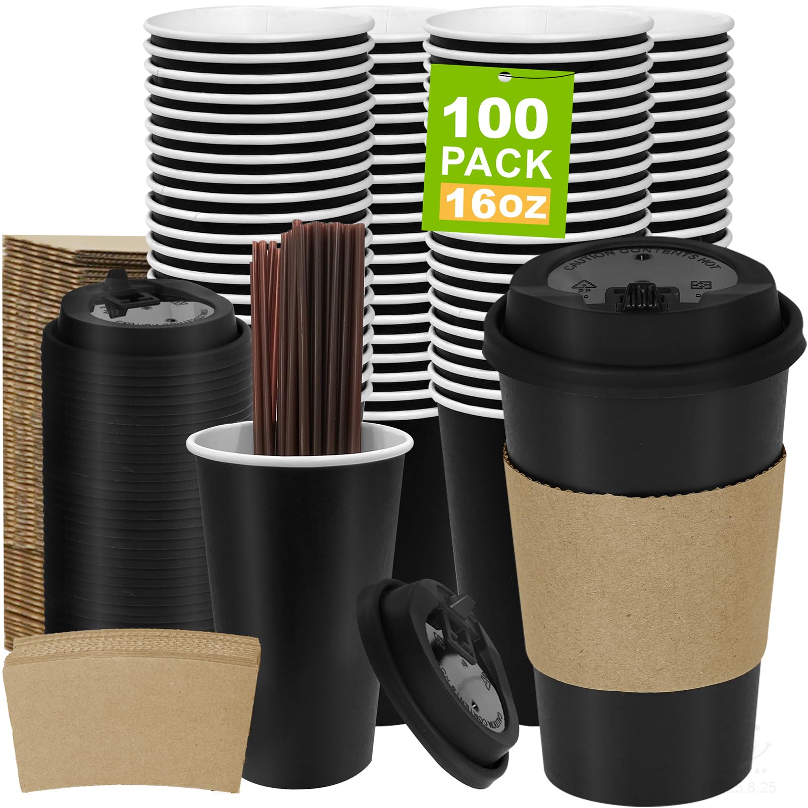 16 oz 100 Pack Corrugated Ripple Wall Disposable Coffee Cups with Lids and Straws, Heavy Duty Insulated Cups for Hot Beverage or Cold Drinks, Bulk for Restaurants, Offices, Coffee Shops(Black)
