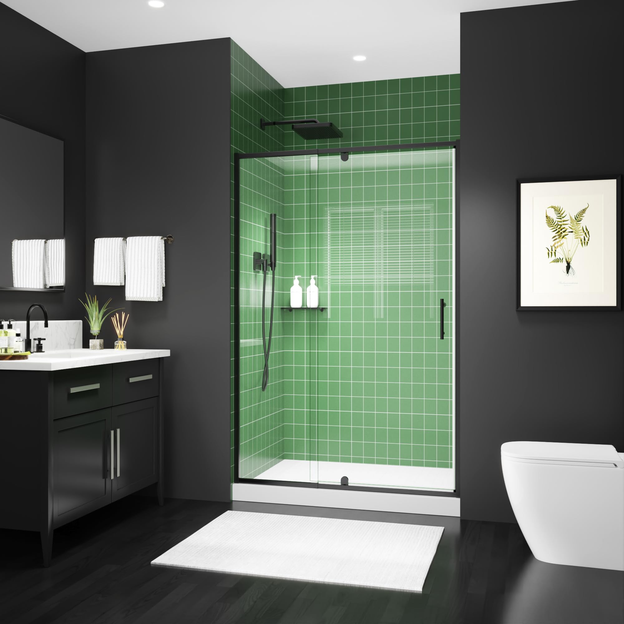 38–42 Inch W x 71 Inch H Semi-Frameless Pivot Shower Door, Swing Glass Shower Door with 1/4" (6mm) Clear SGCC Tempered Glass, Matte Black Finish, Reversible Installation for Bathroom