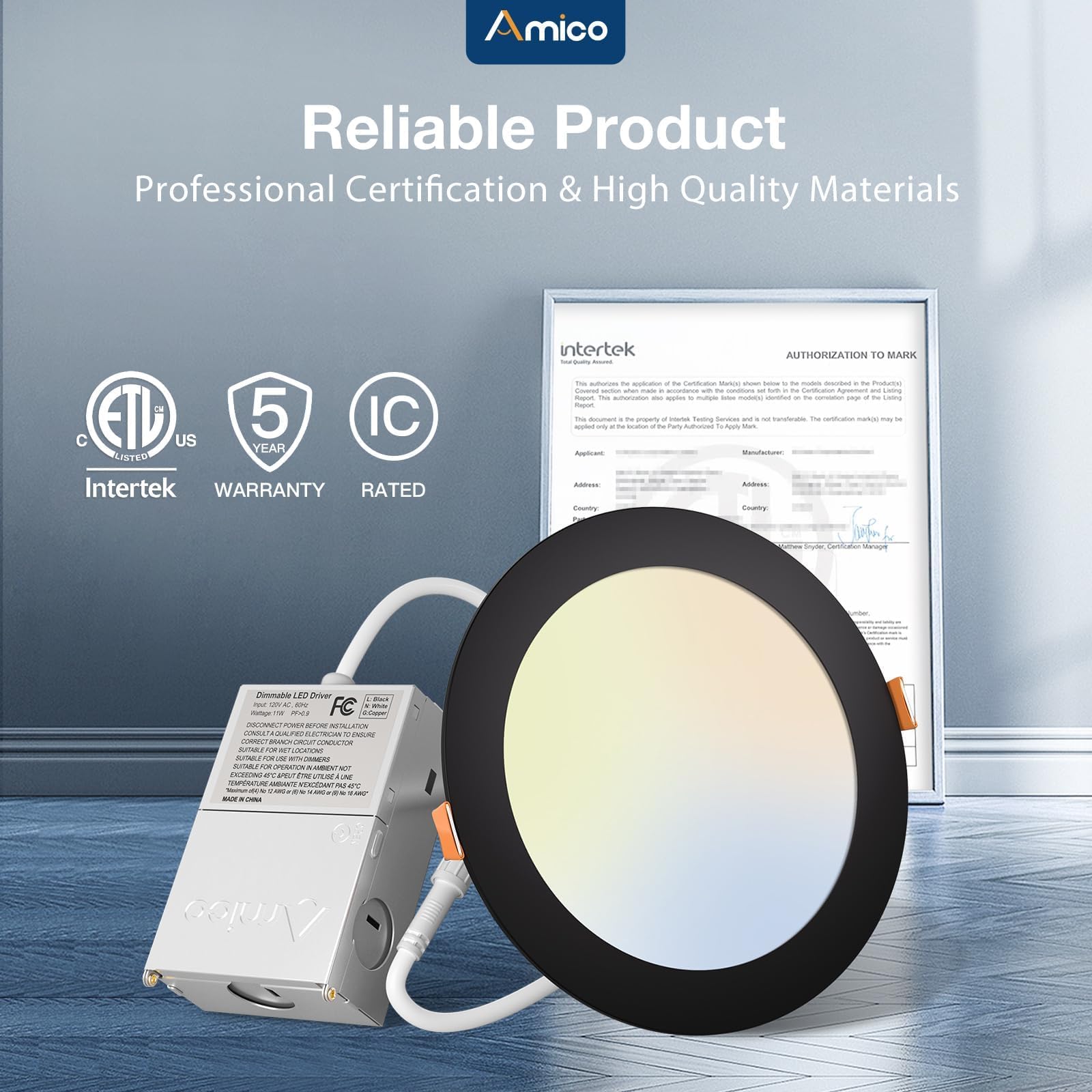 Amico 6 Pack 3 Inch 5CCT Ultra-Thin LED Recessed Ceiling Light with Junction Box, 2700K/3000K/3500K/4000K/5000K Selectable, 7W Eqv 60W 500LM Brightness Dimmable Canless Wafer Downlight, ETL
