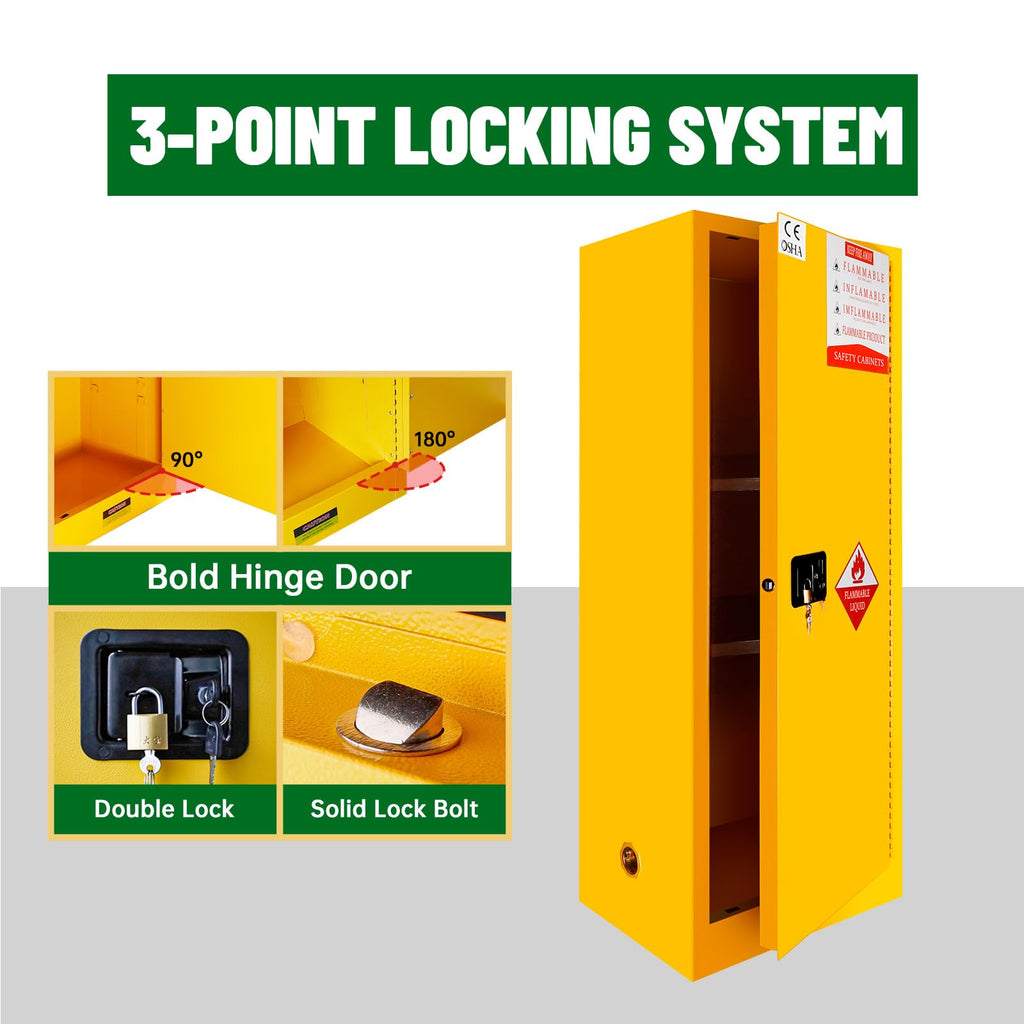16 Gallon Flammable Storage Cabinet 18"x18"x23", Galvanized Steel, Flammable Safety Cabinet with Adjustable Shelf, for Industrial and Home Use, Yellow