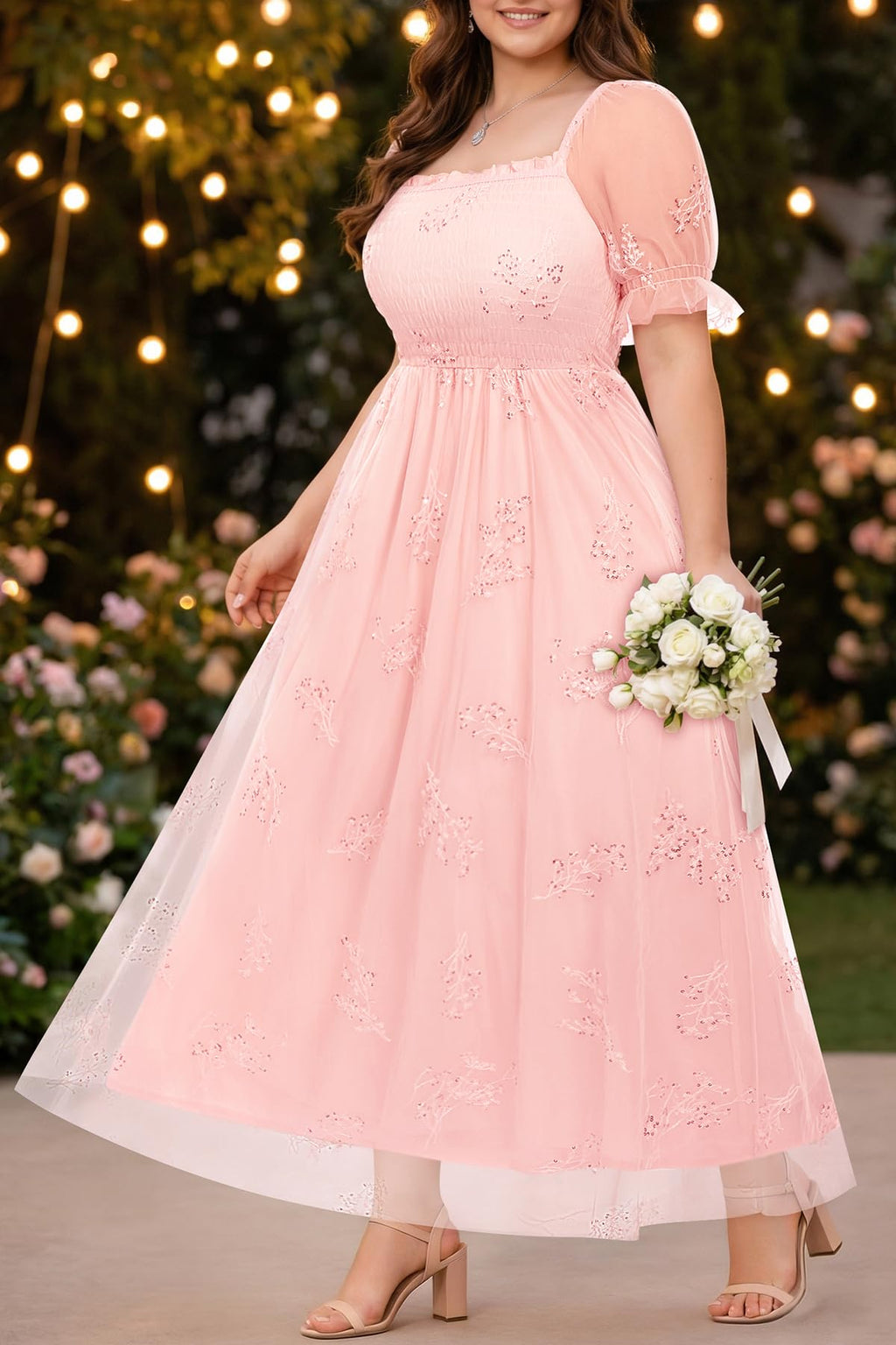 Plus Size Formal Dresses - Bridesmaid Leaf Embroidery with Sequin Tulle Prom Long Dress