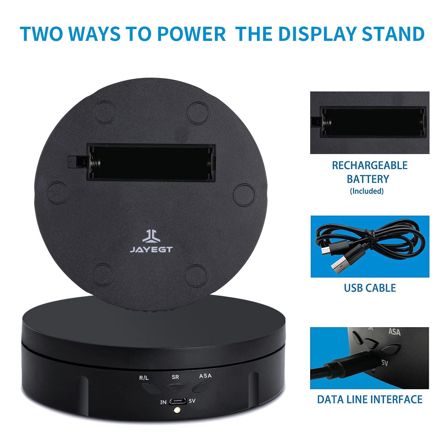 JAYEGT Motorized Rotating Display Stand, 5.74inch /22lbs Load, 360 Degree Electronic Turntable Display Stand for Photography Products Shows , Jewelry, Watch, 3D Models, Cake (Black/Button Control/rechargeable)