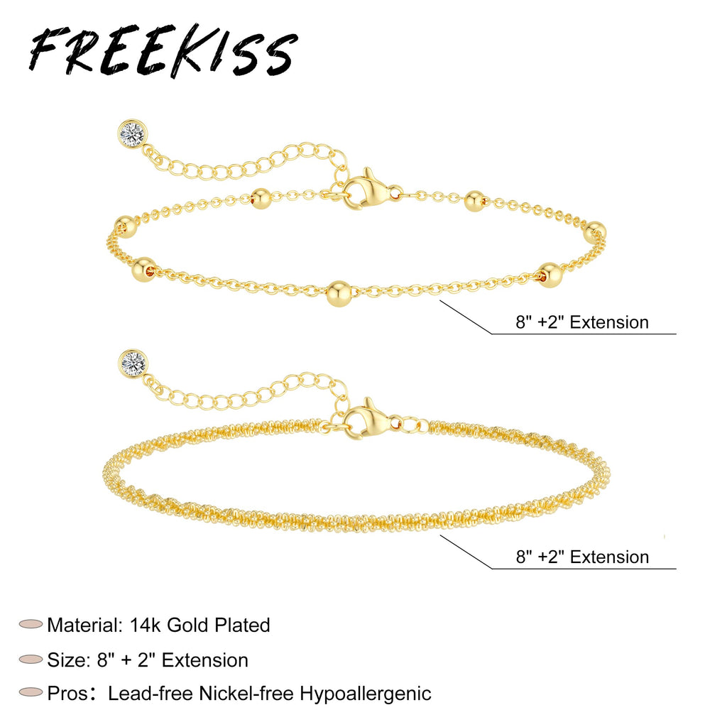 Freekiss Sterling Silver Ankle Bracelets for Women: Dainty Layered Waterproof Anklet for Women Adjustable Womens Anklet Set Stackable Figaro Beaded Cuban Link Anklets Beach Jewelry for Women