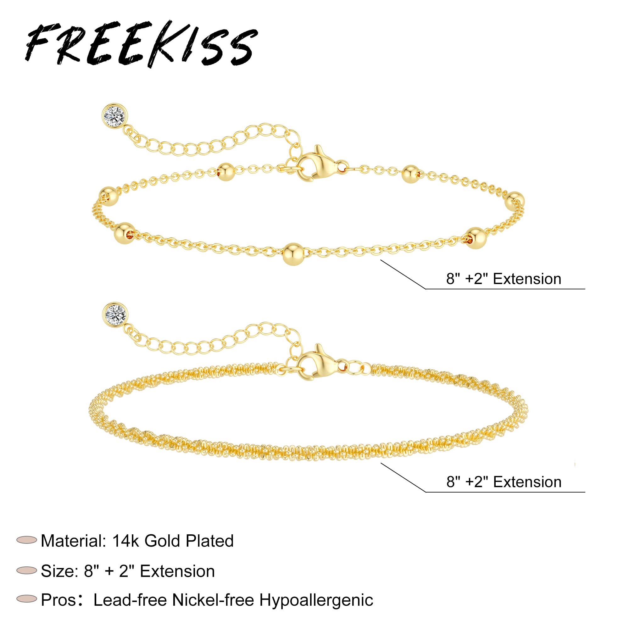 Freekiss Sterling Silver Ankle Bracelets for Women: Dainty Layered Waterproof Anklet for Women Adjustable Womens Anklet Set Stackable Figaro Beaded Cuban Link Anklets Beach Jewelry for Women