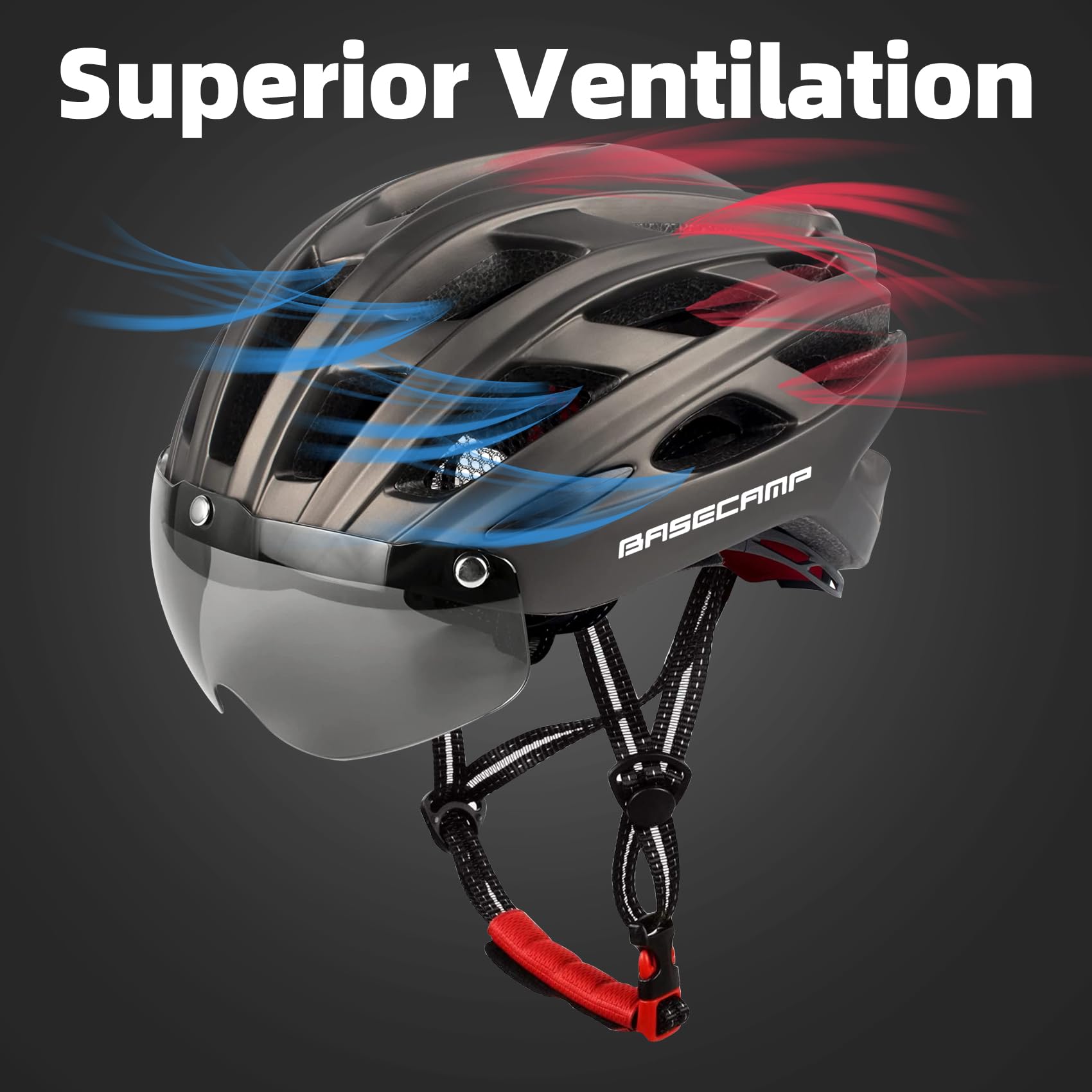 Bike Helmet, Basecamp Bicycle Helmet with Rear Light & Detachable Magnetic Goggles Lightweight Cycling Helmet Adjustable for Adult Men Women Mountain & Road (BC-069)