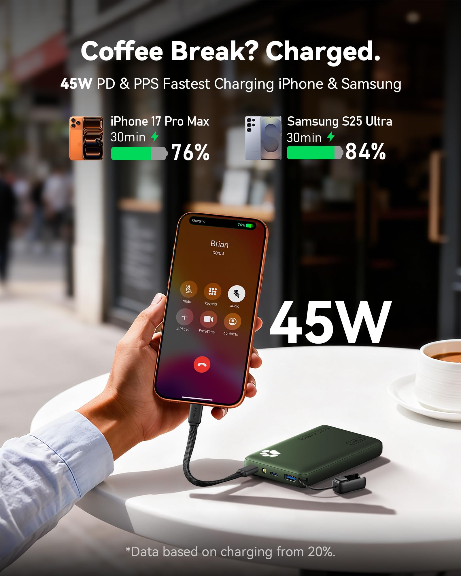 INIU 45W Fast Charging Portable Charger, 40% Smaller 10000mAh with Detachable Cable, Flight-Safe Travel Power Bank, USB C External Phone Battery Pack for iPhone 17 16 Pro iPad Samsung S26 Google etc