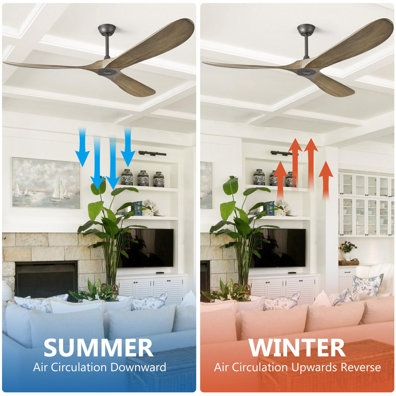ABZ Ceiling Fans without Lights - 52 Inch Modern Ceiling Fans no Lights with Remote Control, Black 3 Blade Solid Wood Indoor Outdoor Ceiling Fans for Patios Living Room Bedroom