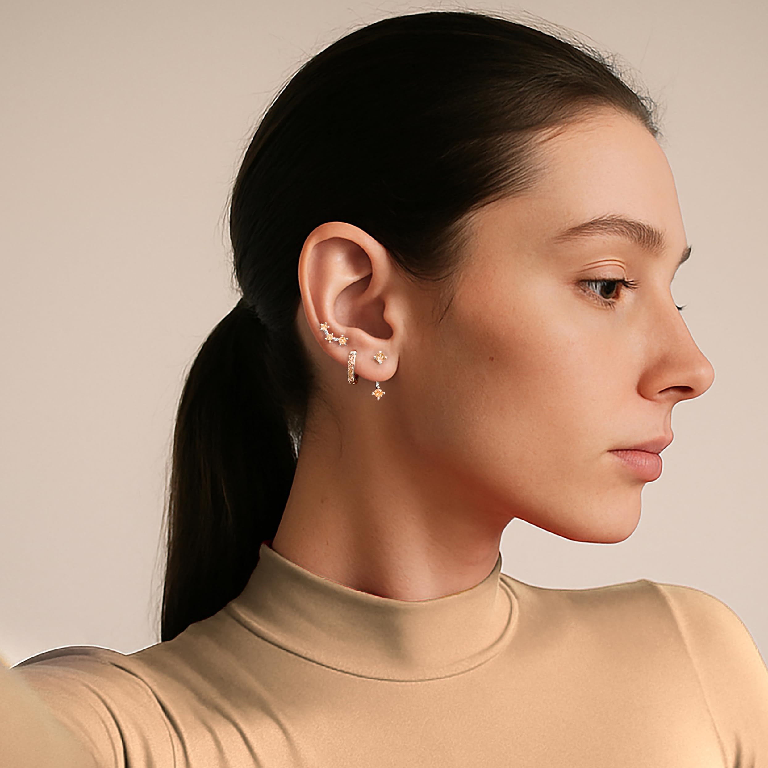 3 Pairs Dainty Small Earrings Set for Women Trendy, Birthstone Stud Huggie Hoop Jacket Stack for Cartilage Helix, Gold Plated Hypoallergenic Cute Women Fashion Accessories Western Jewelry Gifts