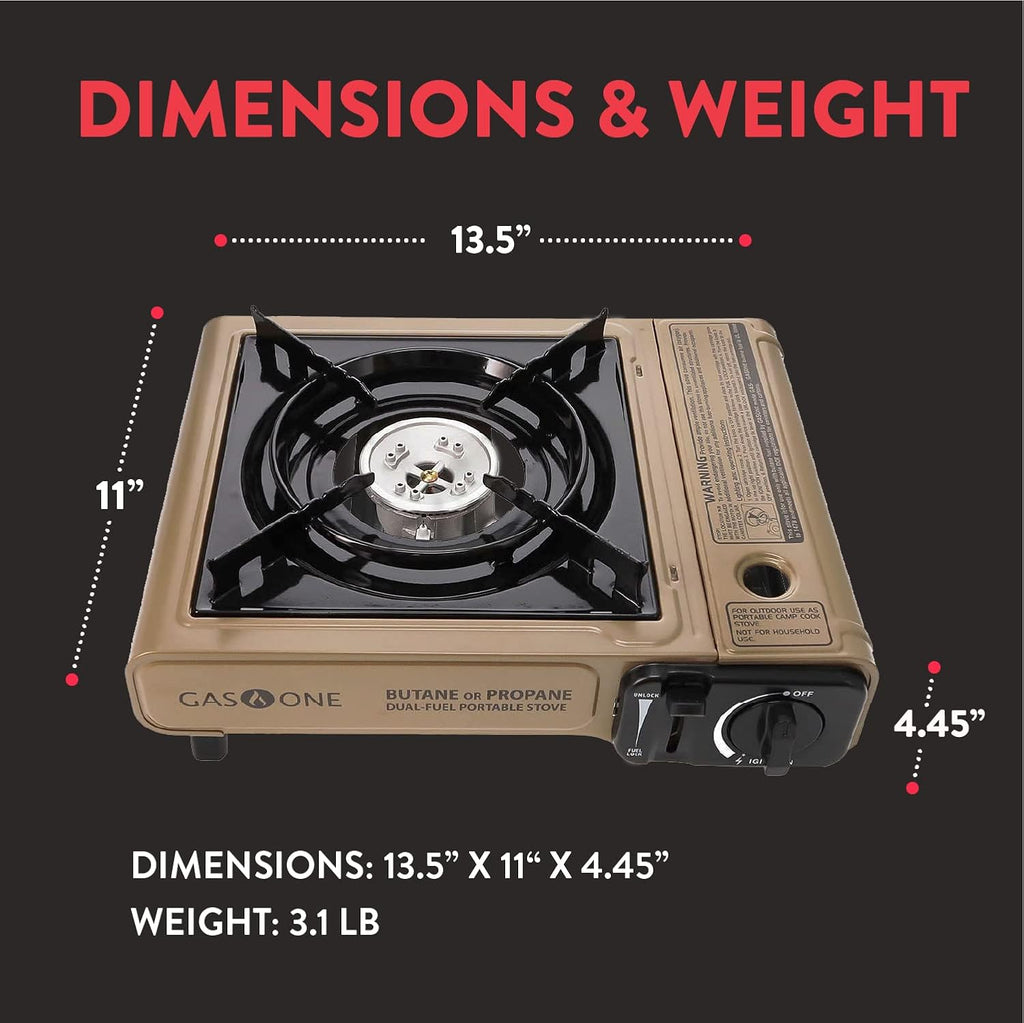 Gas One Propane or Butane Stove GS-3400P Dual Fuel Portable Camping and Backpacking Gas Stove Burner with Carrying Case Great for Emergency Preparedness Kit (Gold) (Stove + 4 Butane Fuel)