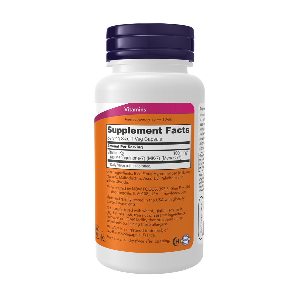 NOW Foods Supplements, MK-7 Vitamin K-2 100 mcg, Cardiovascular Support*, Supports Bone Health*, 60 Veg Capsules