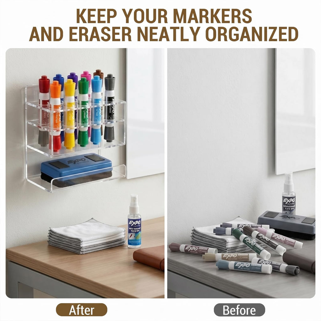 MyGift Dry Erase Marker Holder 10 Slots Whiteboard Marker Holder for Wall Dry Erase Eraser Holder Wall Mount Black