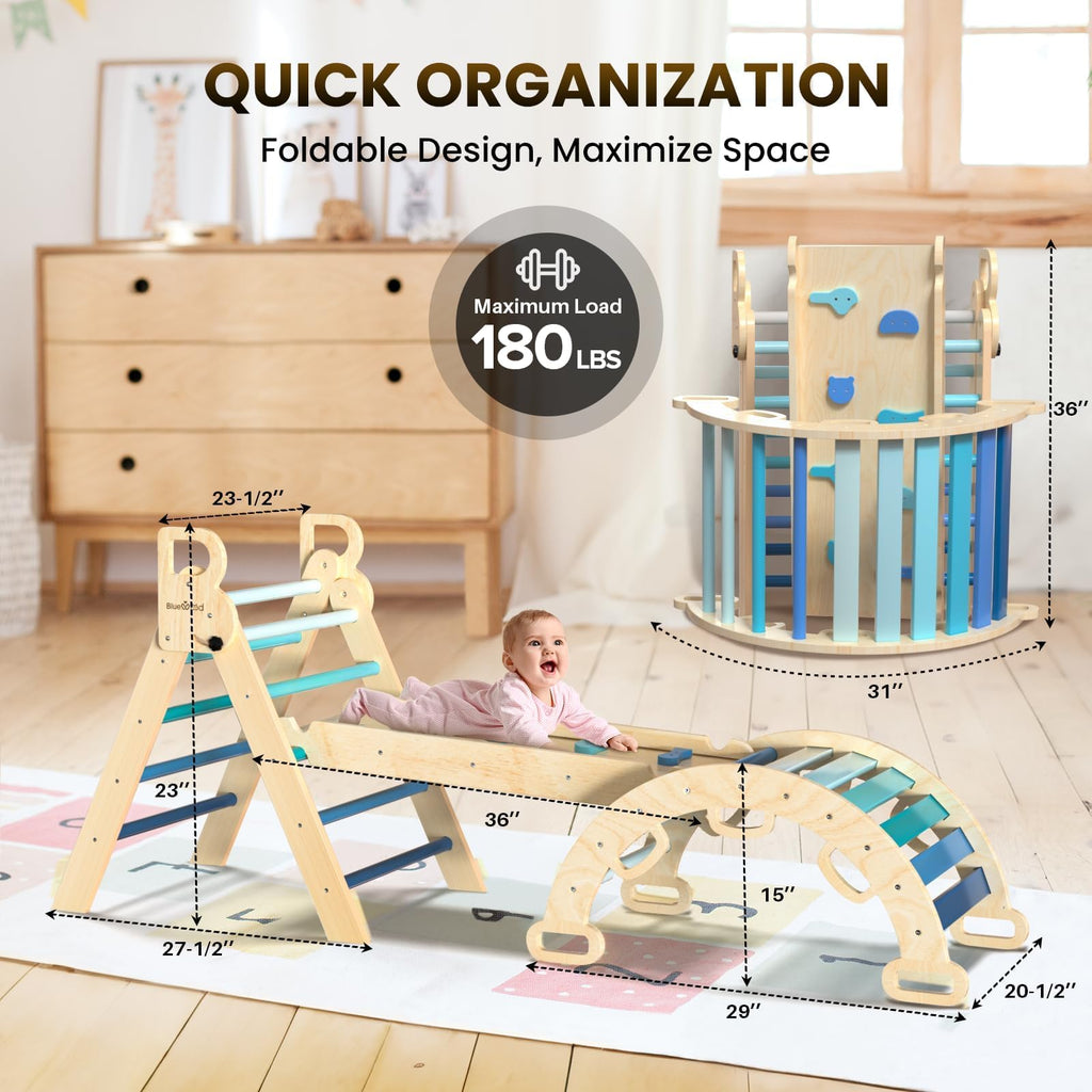 BlueWood Pikler Triangle Set with Safe Handle, Foldable 7-in-1 Montessori Toddler Climbing Toys Indoor, Wooden Pickler Climbing Set, Baby Jungle Gym & Playground, Climbing Toys for 1-3 Year, Colorful
