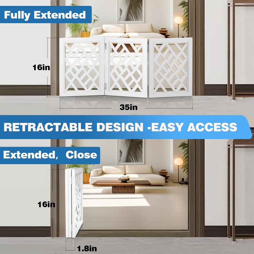 Cut-Out Design 16" Short Dog Gate for Small Dogs, Foldable Retractable Puppy Gate Indoor - Freestanding Lightweight Pet Barrier for Doorways, Stairs, Hallways (Extends to 35", White)