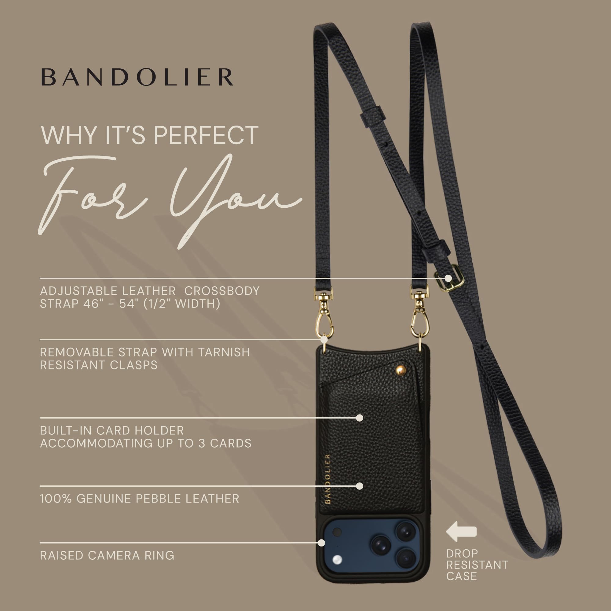 Bandolier Emma Crossbody Wallet Phone Case for iPhone 15 Pro Max. 100% Genuine Pebble Leather. Adjustable & Removable Crossbody Strap. Card Holder with Snap Closure. Black with Gold Hardware