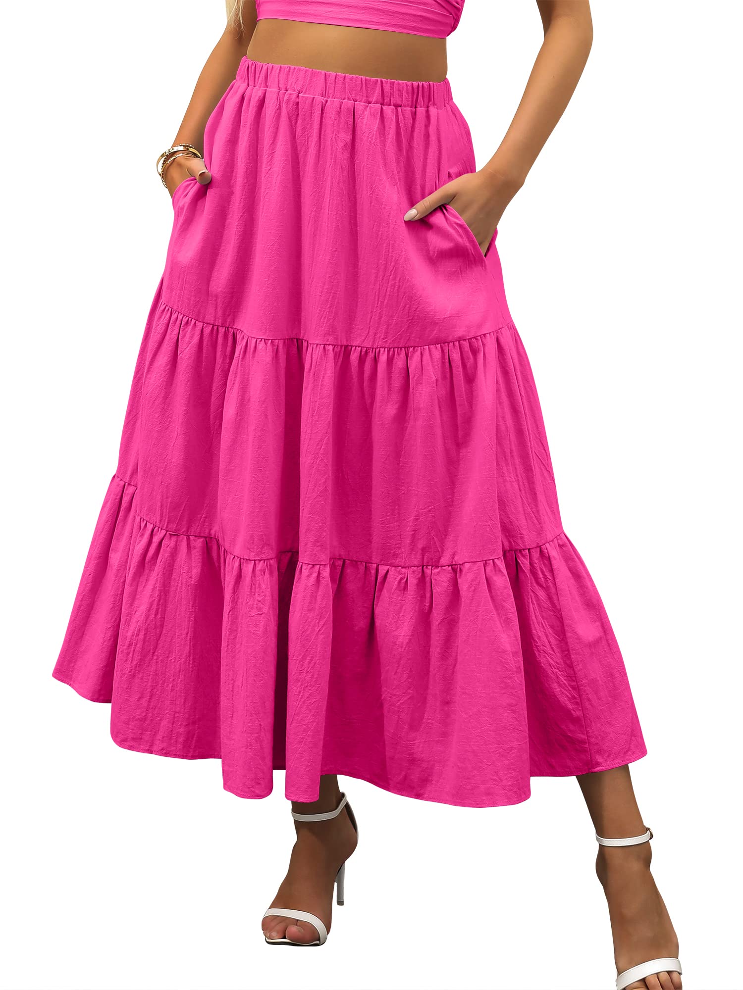 ANRABESS Women’s Summer Boho Flowy Swing Tiered A-Line Maxi Skirt 2026 Fashion Trendy Elastic Waist Pleated Long Beach Dress