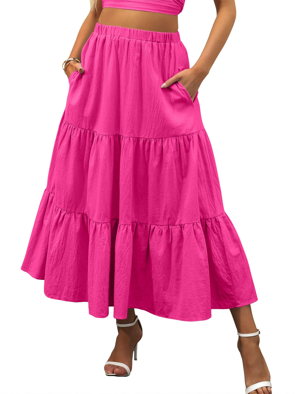ANRABESS Women’s Summer Boho Flowy Swing Tiered A-Line Maxi Skirt 2026 Fashion Trendy Elastic Waist Pleated Long Beach Dress