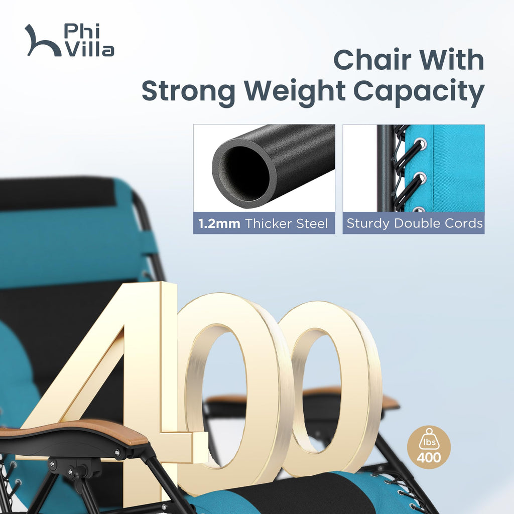 PHI VILLA XXL Oversized Padded Zero Gravity Chair Set of 2, Foldable Patio Recliner, 30" Wide Seat Anti Gravity Lounger with Armrest and Cup Holder, Support 400 LBS (Aqua Blue)