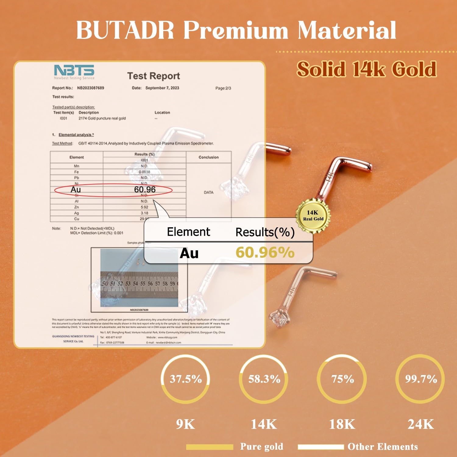 14K Real Gold Nose Studs, 18G 20G Solid Gold L Shaped Nose Rings, Simulated Diamond CZ Hypoallergenic Nose Piercings for Women Men 1.5 2 3MM