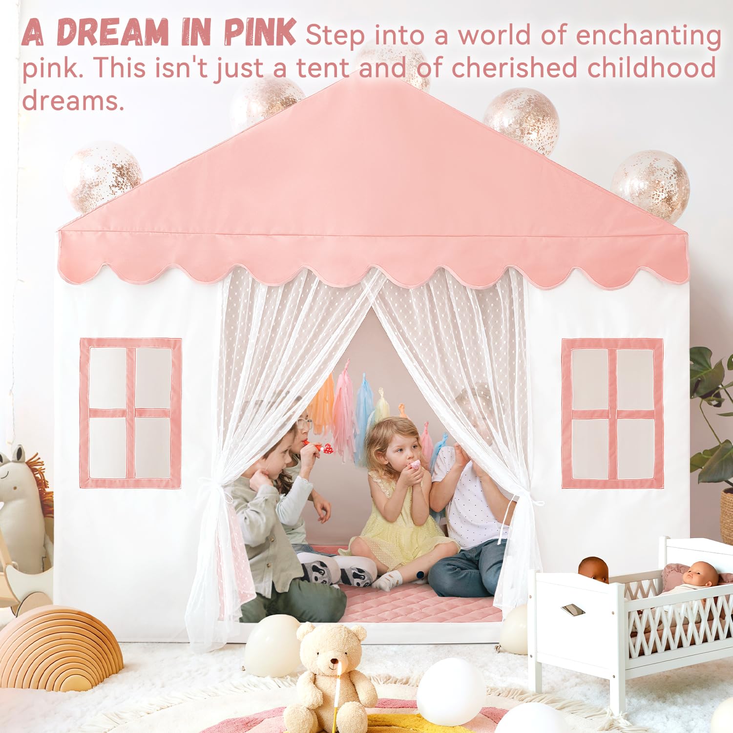 Kids Play Tent with Mat, Large Playhouse Play Tent Indoor for Girls Boys | Kids Play Playhouse Tent Ages 4-8 for Toddlers Children Boy Girl Play House Toy Birthday Gift, Washable, 57" x 35.5" x 53"
