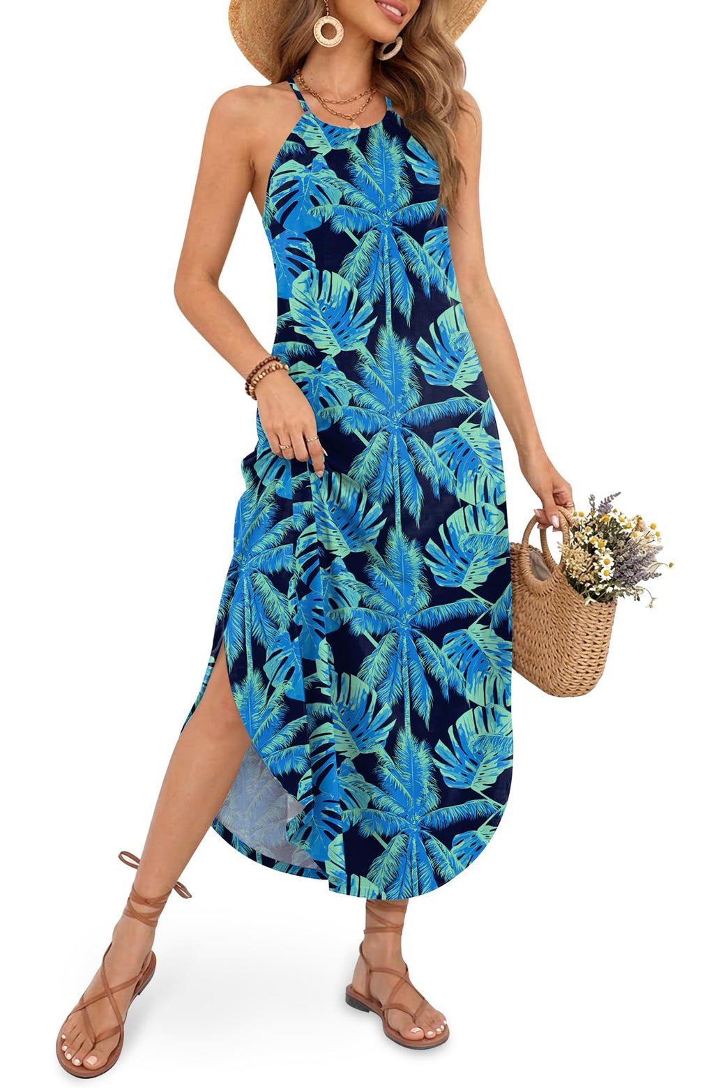 For G and PL Women's Summer Casual Halter Side Slit Maxi Beach Dress Resort Vacation Cruise Wear Sundress