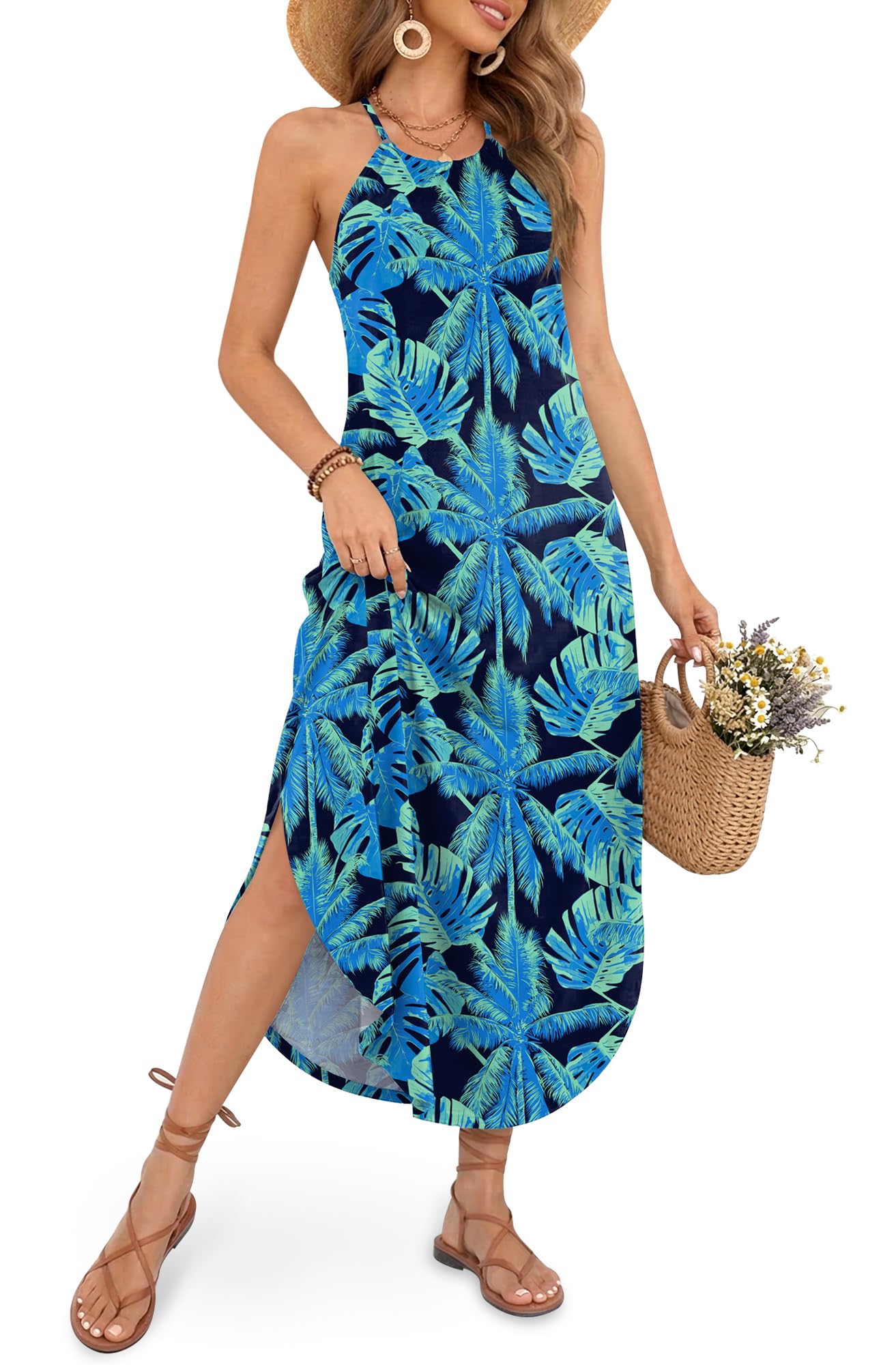 For G and PL Women's Summer Casual Halter Side Slit Maxi Beach Dress Resort Vacation Cruise Wear Sundress