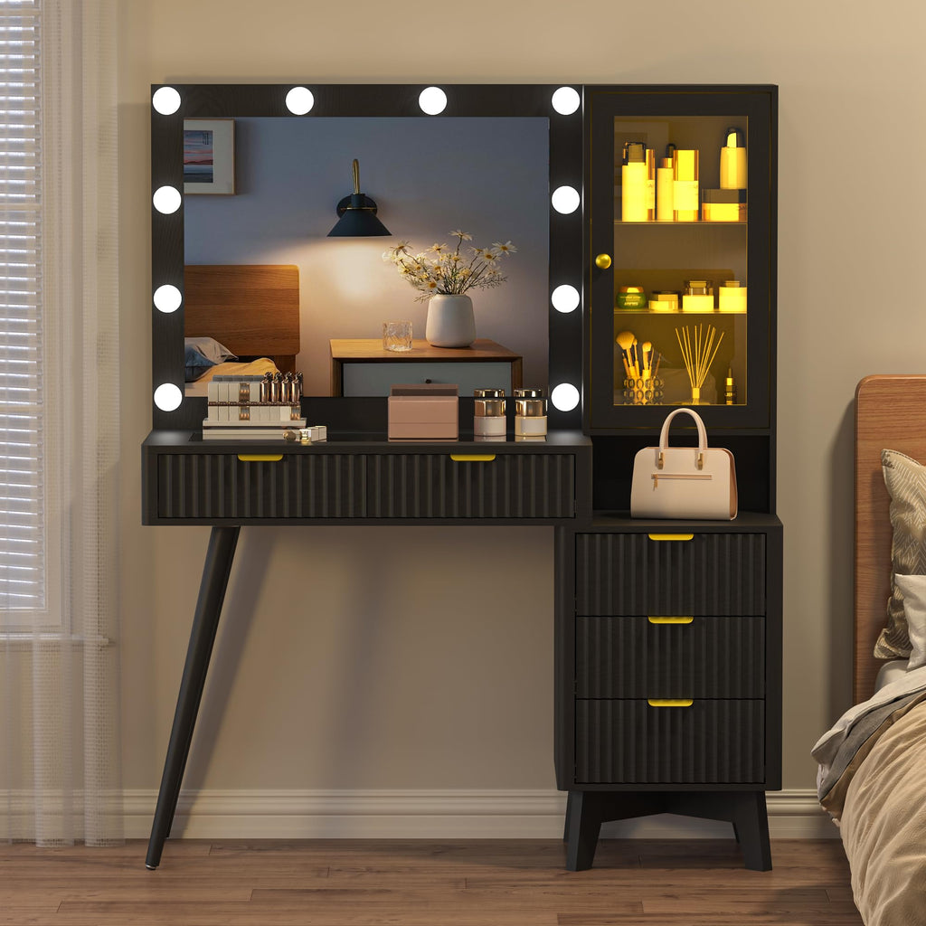 BORNOON 45” Fluted Makeup Vanity Desk with Mirror and Lights, Glass Top Dressing Table with 5 Drawers, LED Lighted Adjustable Cabinet, Trays & Charging Station for Bedroom Dressing Room