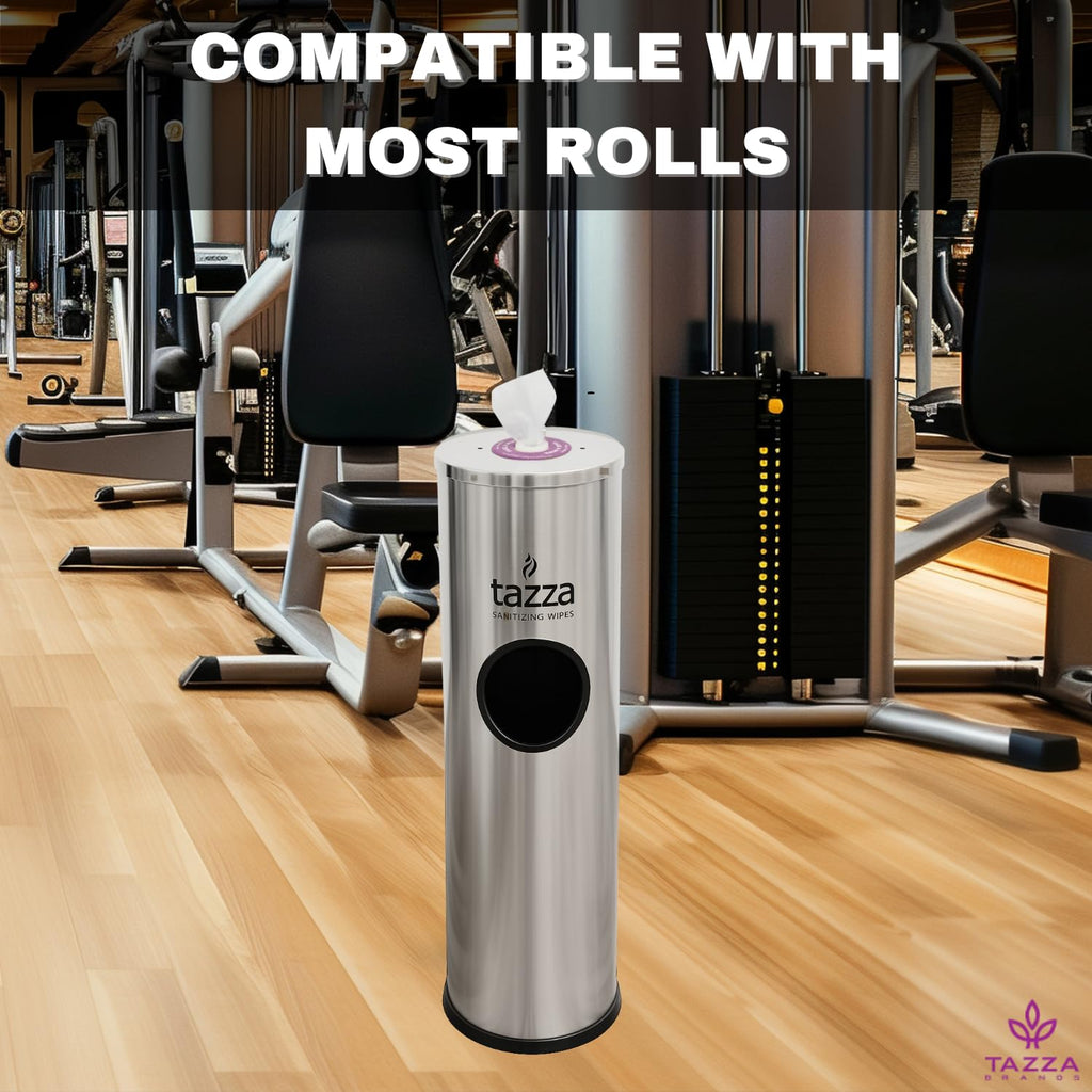 Tazza Gym Equipment Wipe Dispenser with Stainless Steel Floor Stand, Built-in Trash Can, Fitness Equipment Wipes Holder, 1.5 Gallon, Silver
