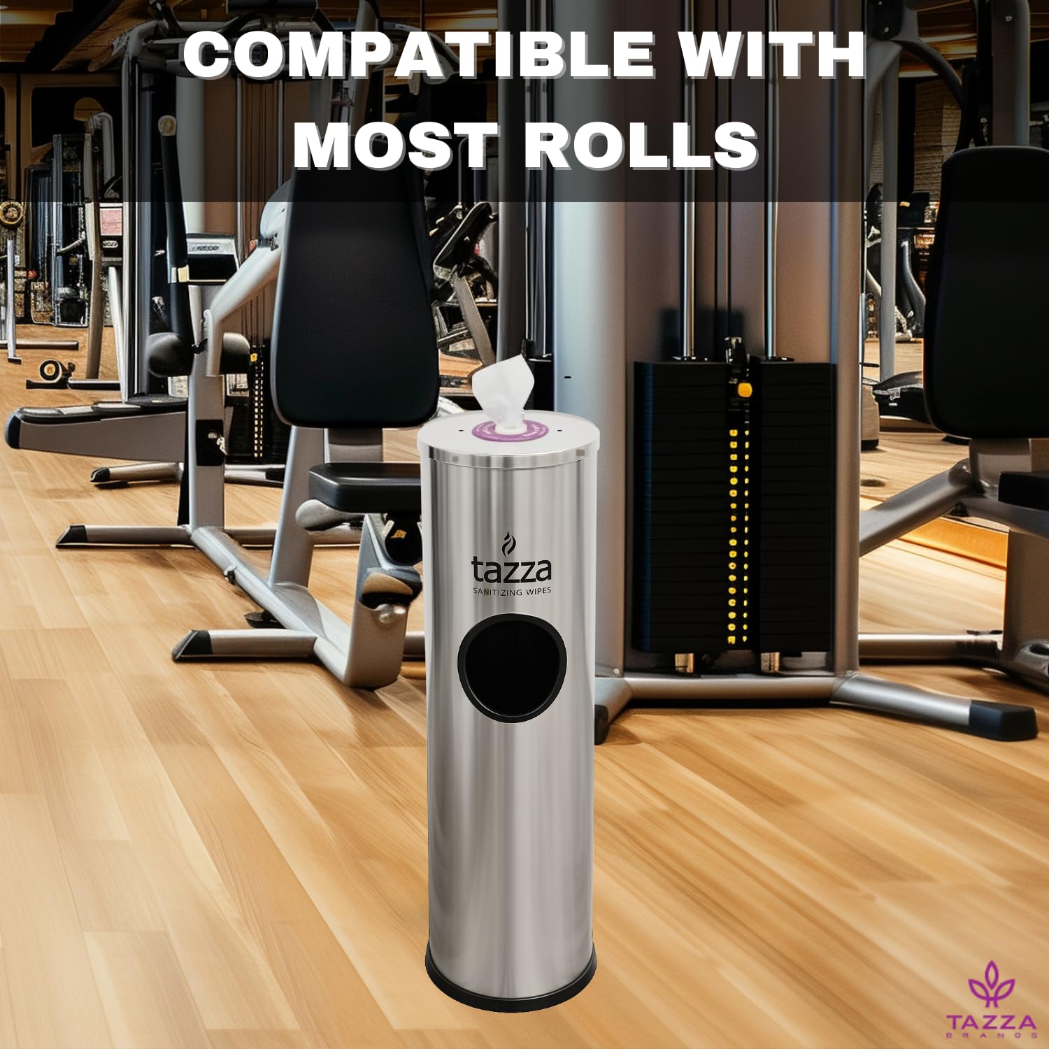 Tazza Gym Equipment Wipe Dispenser with Stainless Steel Floor Stand, Built-in Trash Can, Fitness Equipment Wipes Holder, 1.5 Gallon, Silver