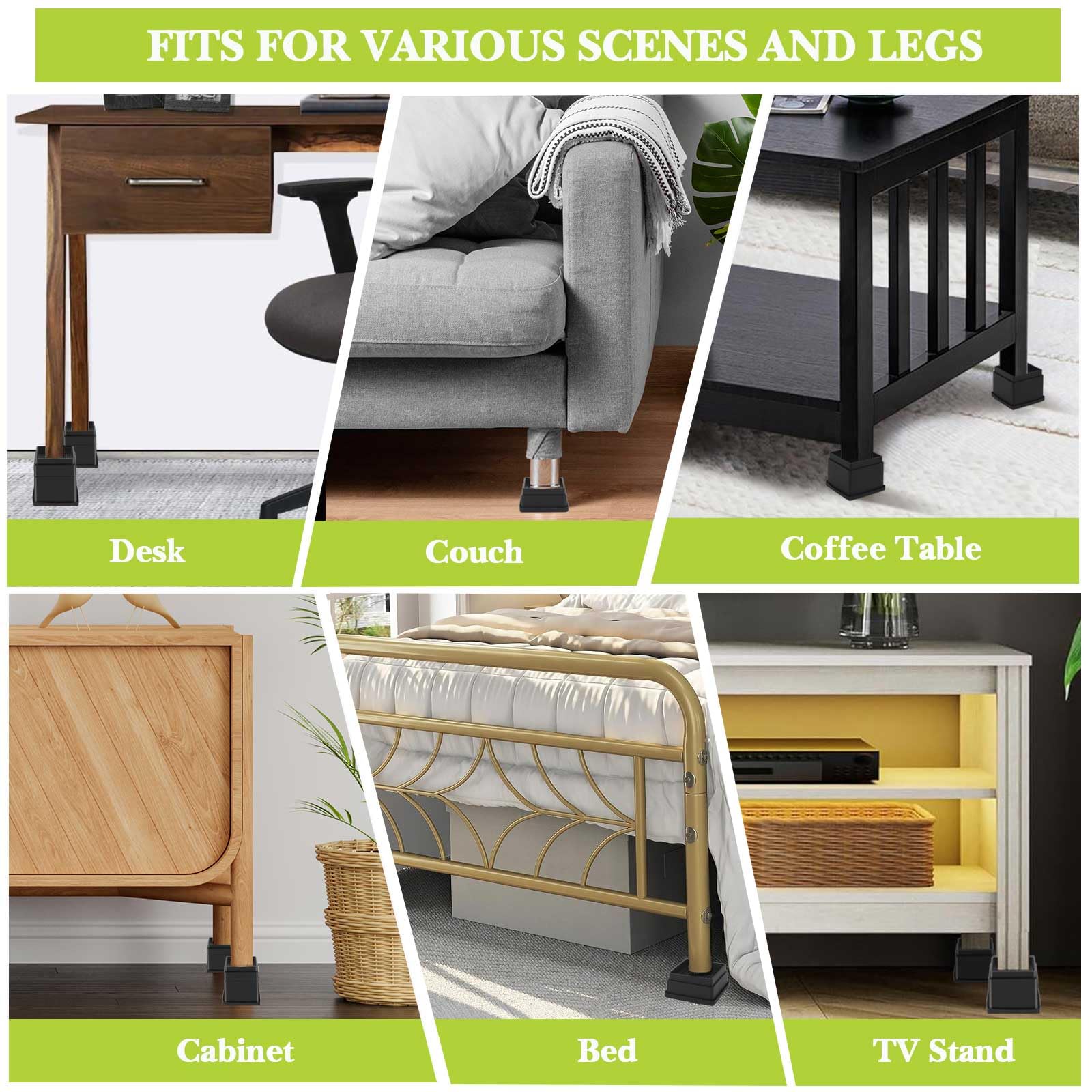 12 Pack Furniture Risers 1 Inch, Adjustable Bed Risers Heavy Duty for Table Desk Couch Chair Sofa Cabinet Bed Frame Dorm, Square Stackable Table Leg Risers Lift Height 1", 2" or 3", Black