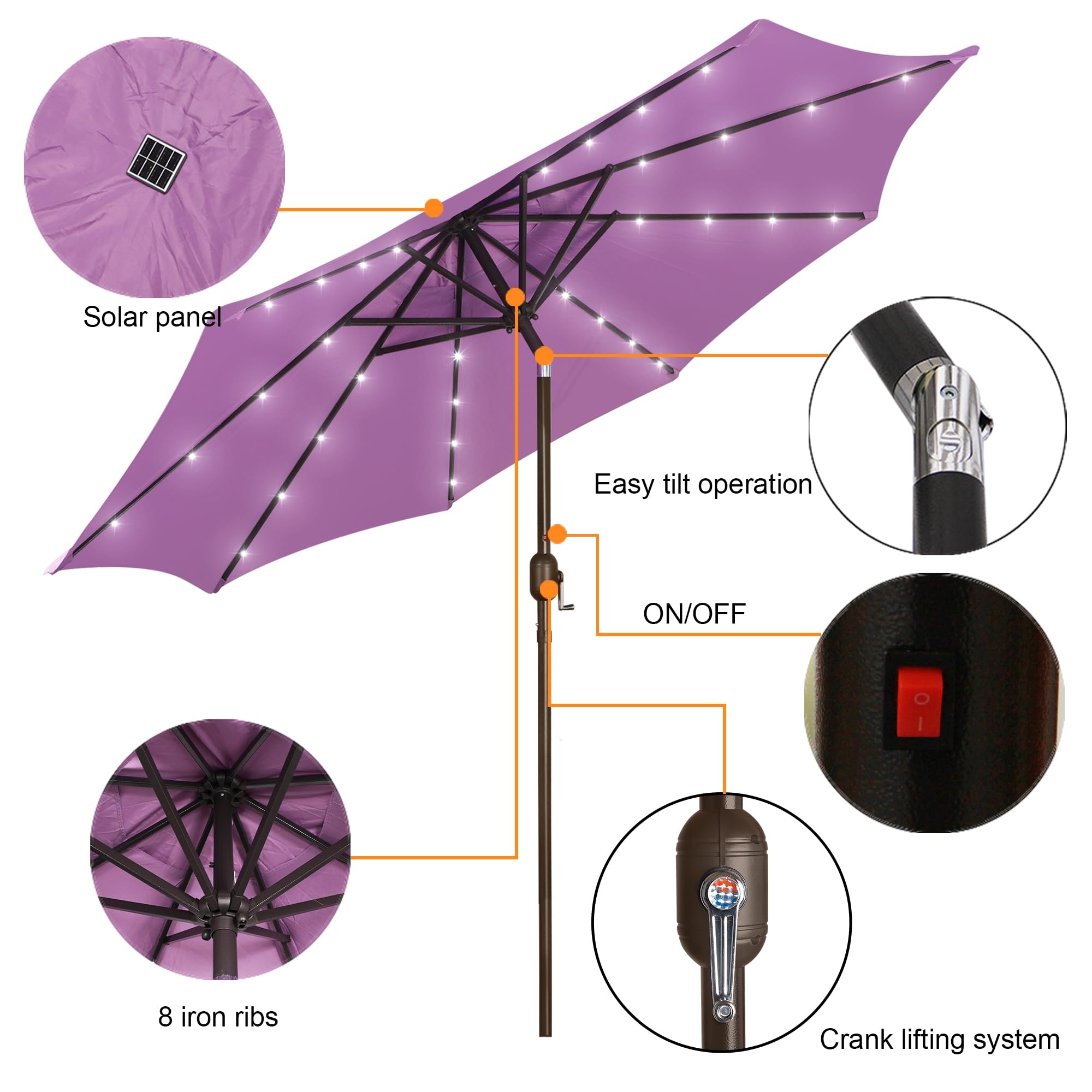 Blissun 9 ft Solar Umbrella, 32 LED Lighted Patio Umbrella, Table Market Umbrella, Outdoor Umbrella for Garden, Deck, Backyard, Pool and Beach (Light Blue)