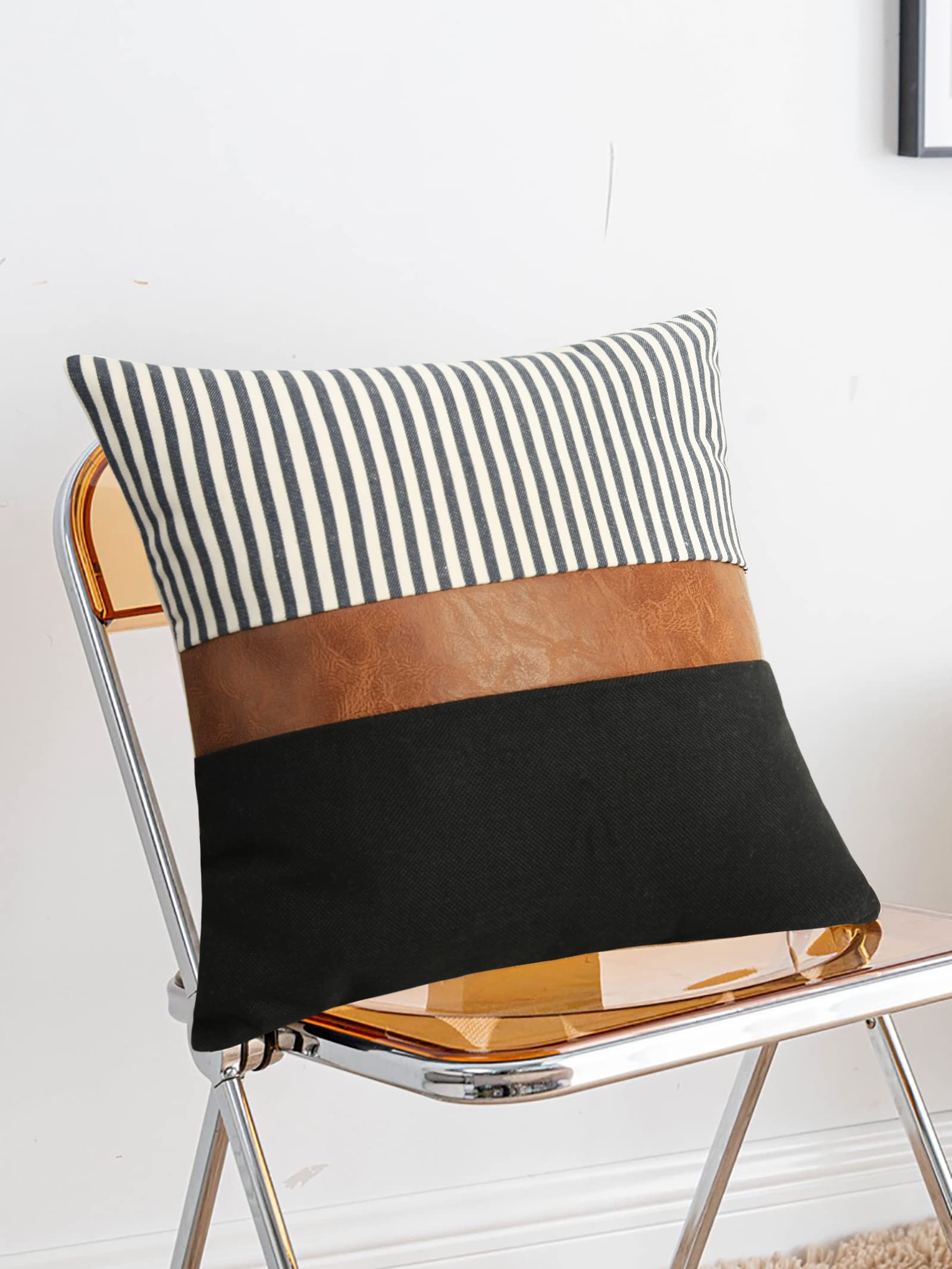 16x16 inch Pillow Covers Set of 2 Farmhouse Decor Stripe Patchwork Linen Throw Pillow Covers Modern Faux Leather Covers for Couch Sofa,Black