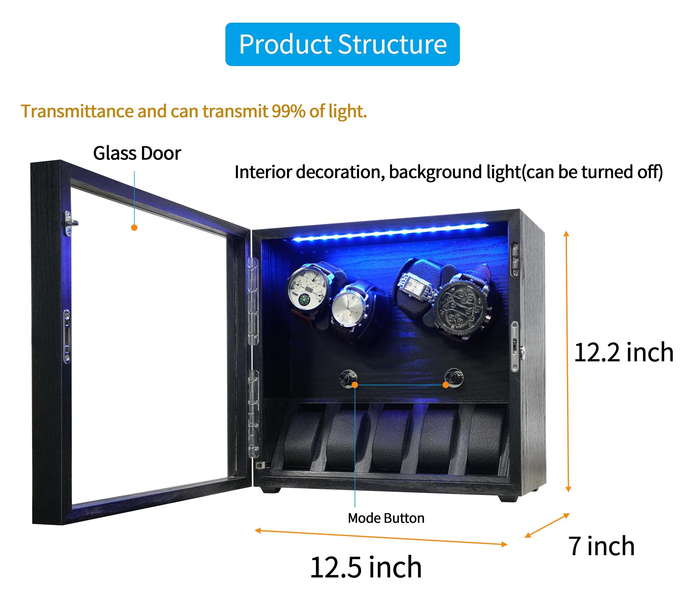 Oryx Watch Winder for 4/6/9 Automatic Watches, Rotating Watch Box 5 Rotation Modes Setting Display Case with Extra Watch Storages and LED Light, Lockable Winders USB Powered Super Quiet Mabuchi Motor