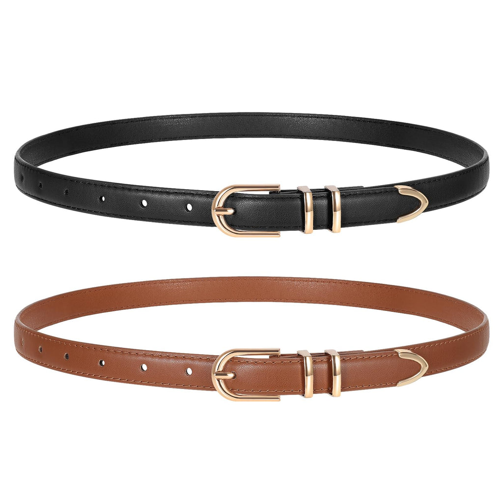 TRIWORKS 2 Pack Women Skinny Leather Belts for Jeans Pants Thin Faux Leather Belt with Gold Buckle