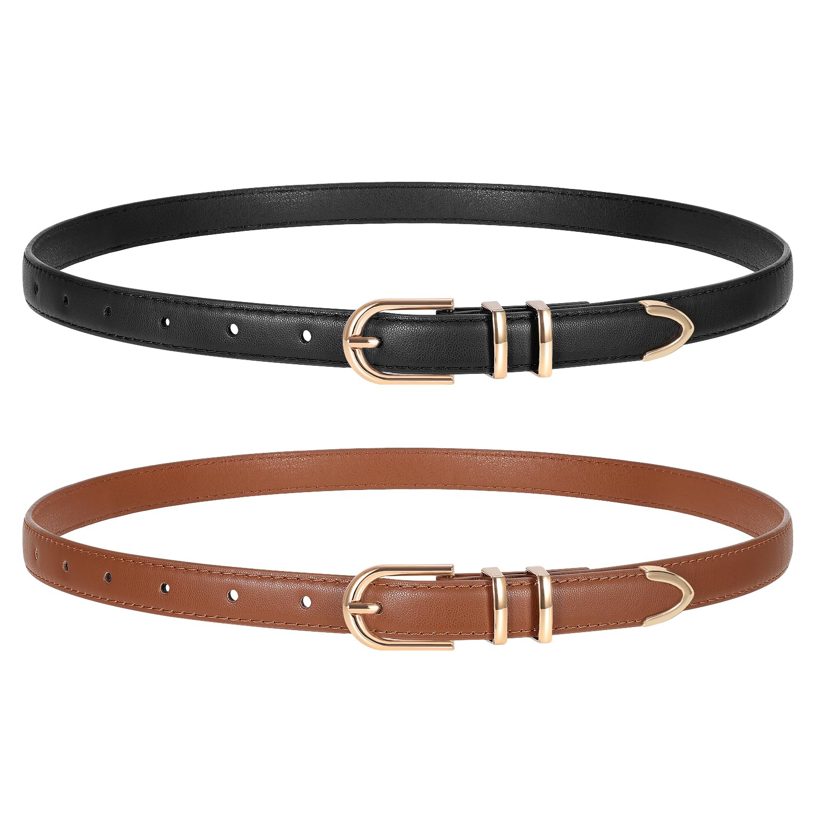 TRIWORKS 2 Pack Women Skinny Leather Belts for Jeans Pants Thin Faux Leather Belt with Gold Buckle