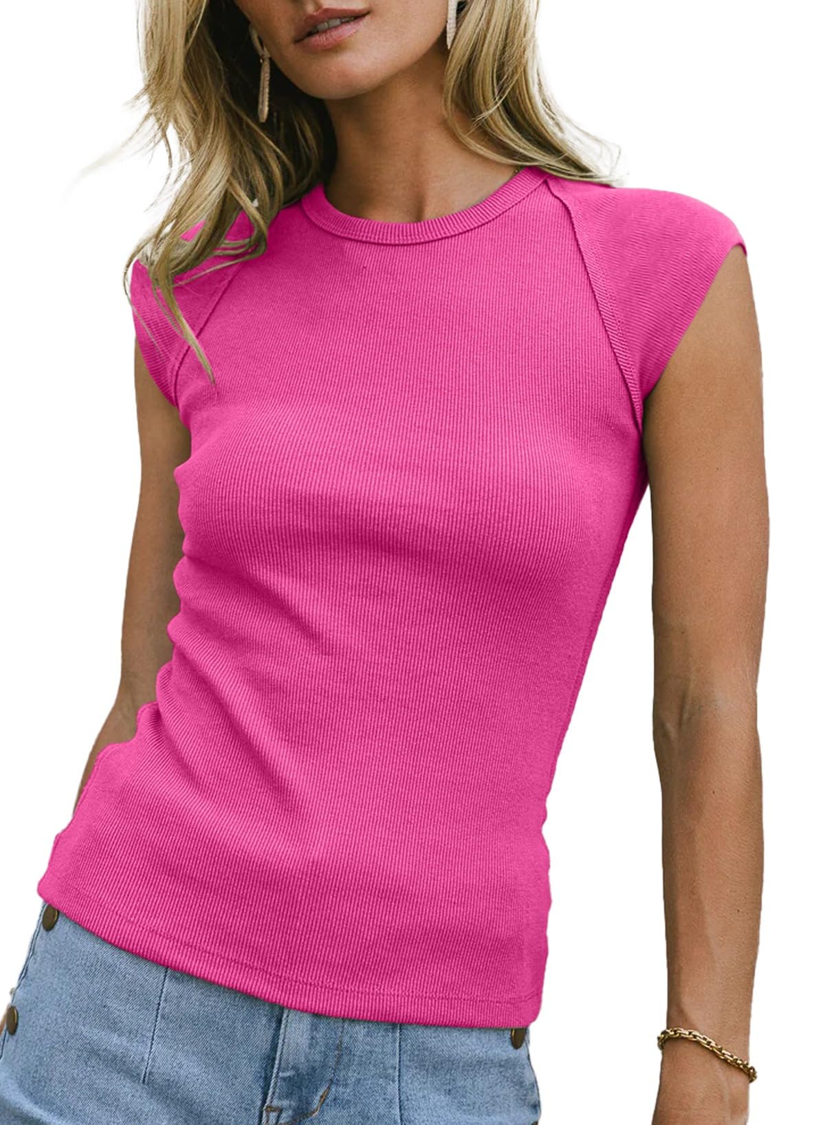 Sidefeel Womens Tops Casual Crewneck Cap Sleeve Tops Ribbed Raw Hem Summer T Shirts Slim Fit Basic Tees Blouses