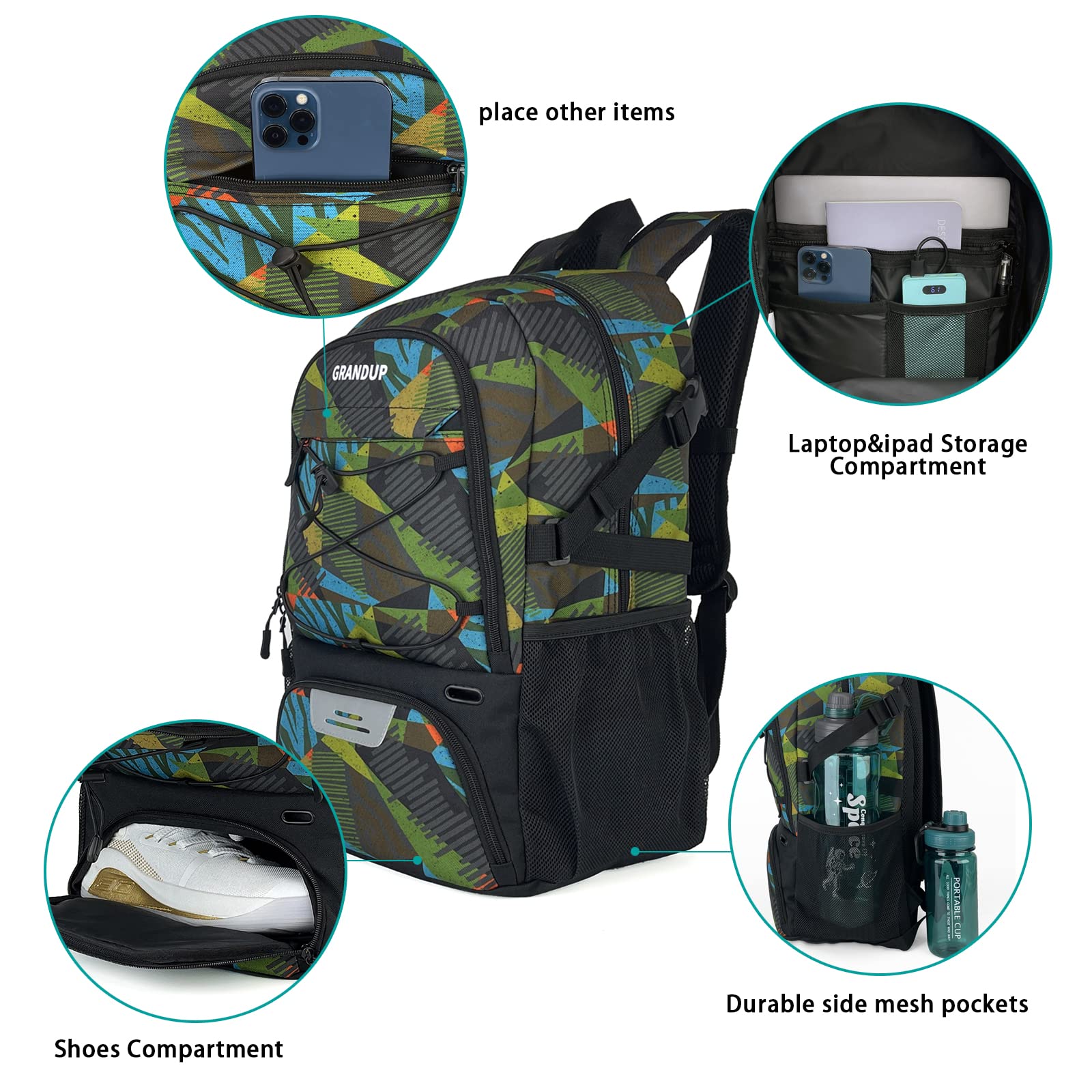 GRANDUP Basketball backpack with ball and shoes compartment Fit Volleyball, soccer, Swim, Gym, Travel, and School, large capacity sports training equipment bags