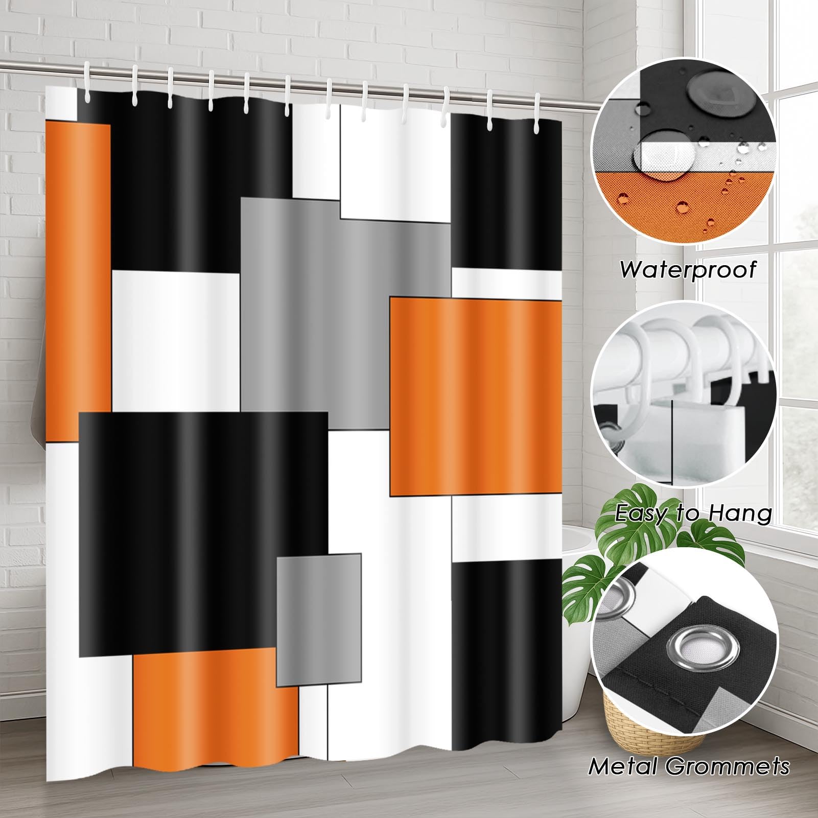 Beige Geometric Shower Curtain Set with Toilet Lid Cover and Non-Slip Rugs for Bathroom, Black Grey White Checkered 4 Pcs Shower Curtain, Modern Abstract Bathroom Set with 12 Hooks
