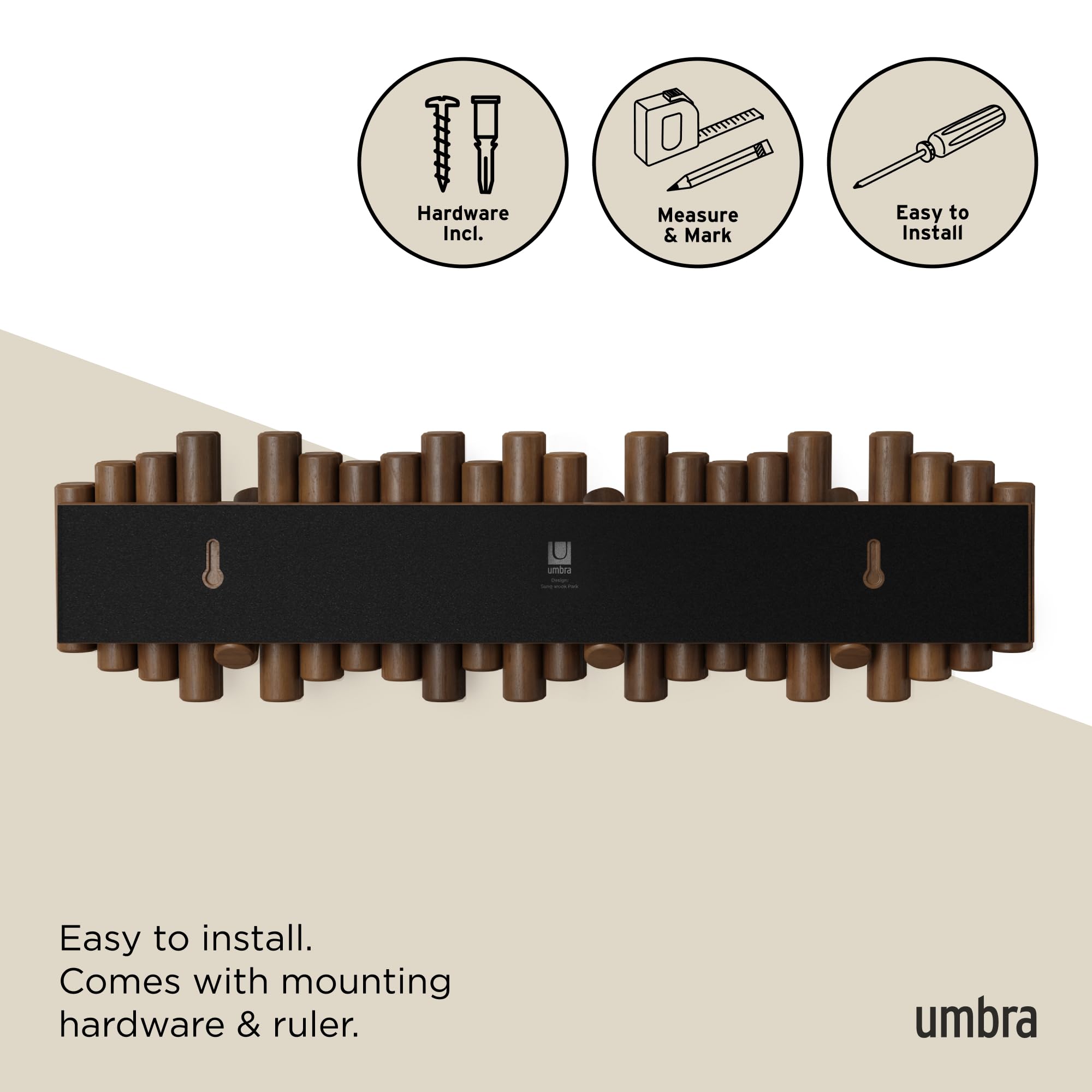 Umbra Picket Wall-Mounted Coat Rack Rail Hook with 5 Retractable Wood Pegs – Modern, Space-Saving Storage Organizer, Black