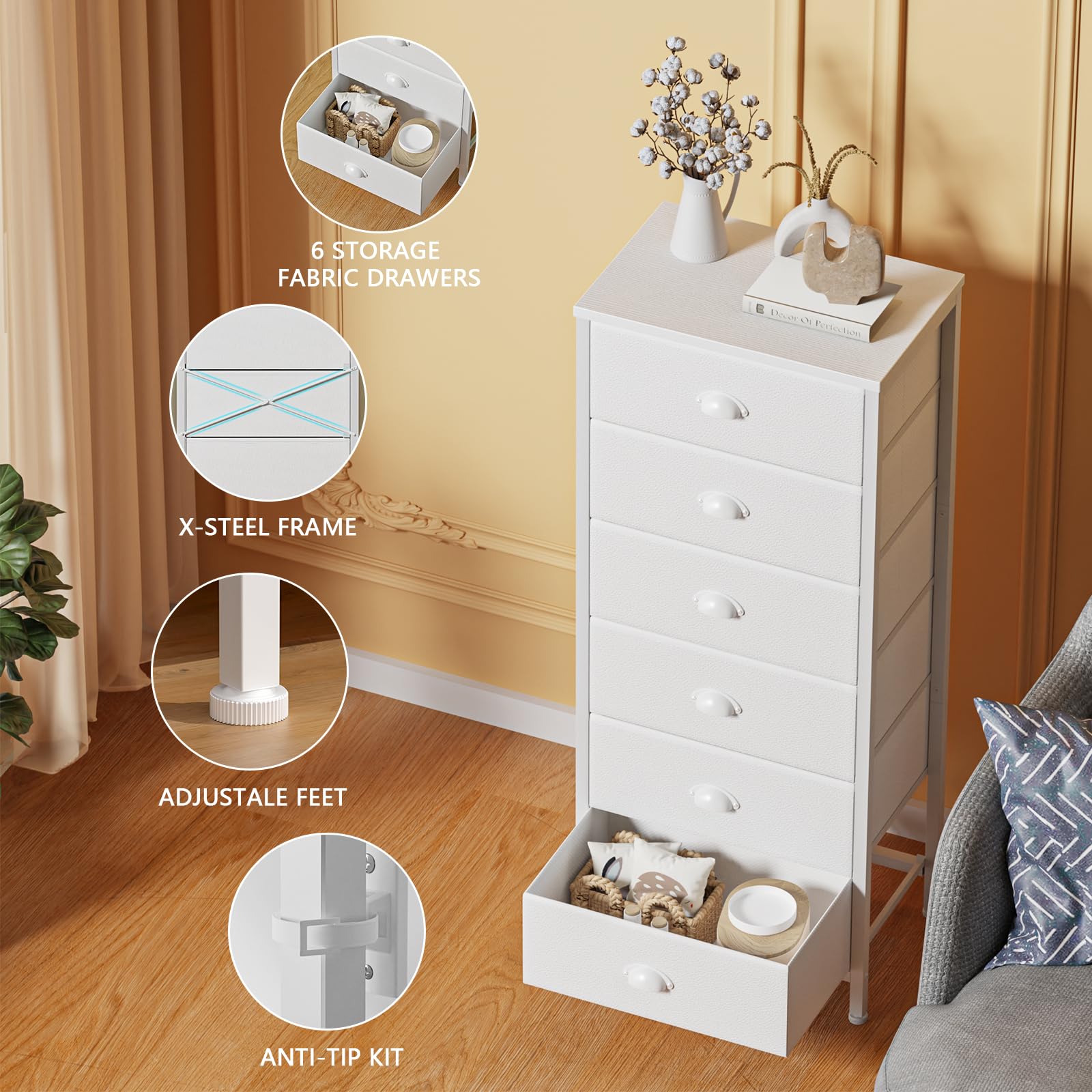 Furnulem Tall Dresser with 6 Drawers,Vertical Bedside End Table & Chest for Bedroom,Black Storage Tower Dorm Nightstand with Fabric Drawer Organizer Unit Furniture in Living Room,Closet,Hallyway