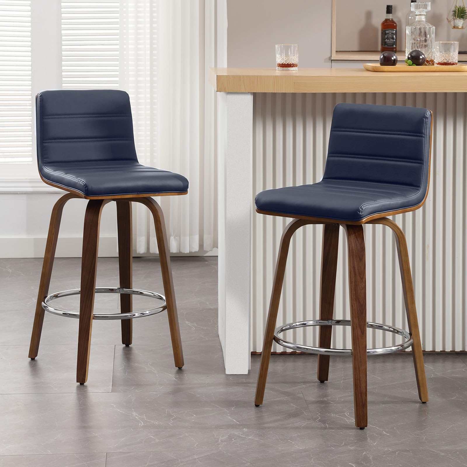 Bar Stools 29 Inch Bar Height, Swivel Bar Stools with Backs Upholstered PU Leather Barstool, L Shape Back and Padded Seat, Mid-Century Modern Bar Stool Pub Chairs for Kitchen Counter Island, Black