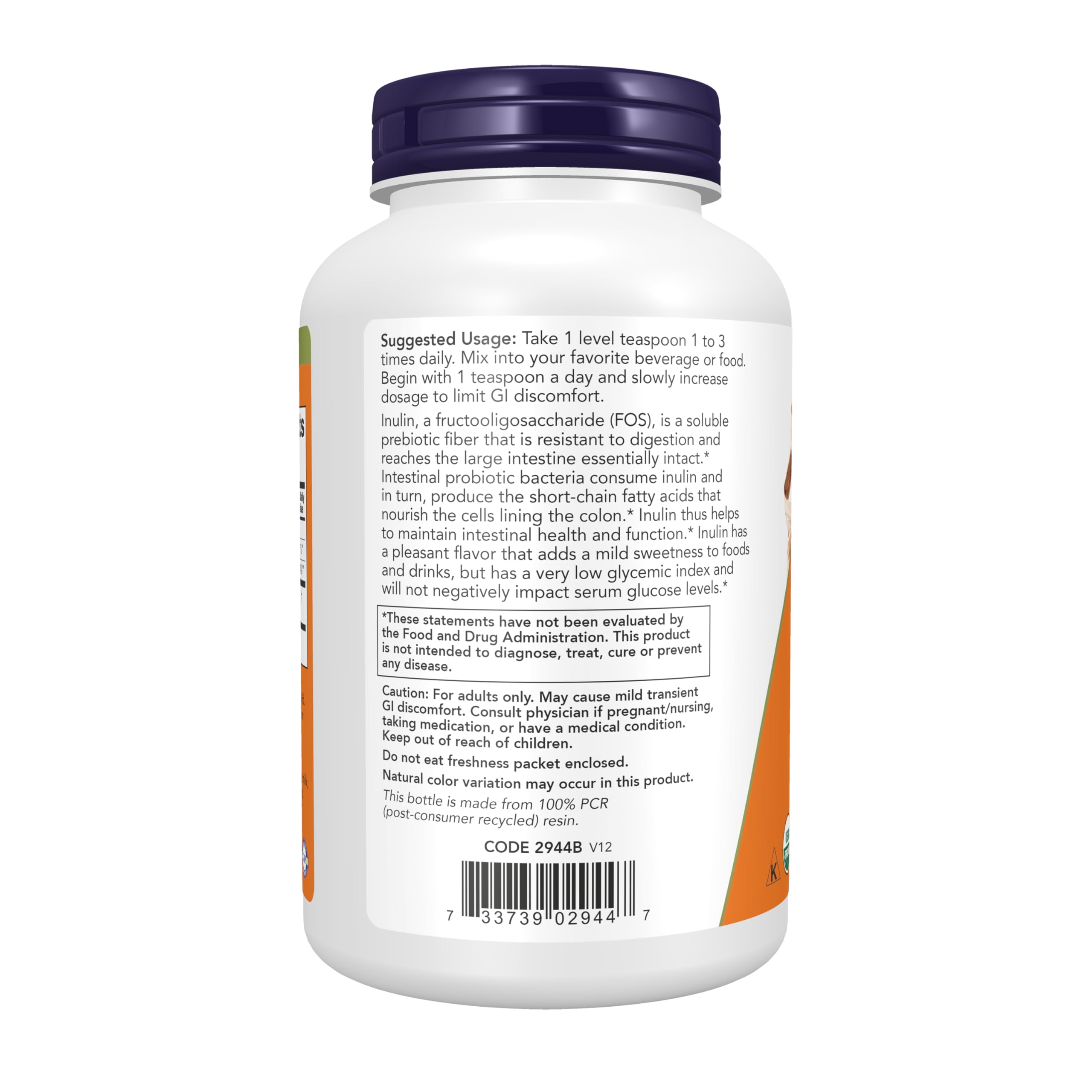 NOW Foods Suplementos, polvo puro prebiótico de inulina, certificado orgánico, proyecto verificado sin OMG, soporte intestinal*, 1 libra