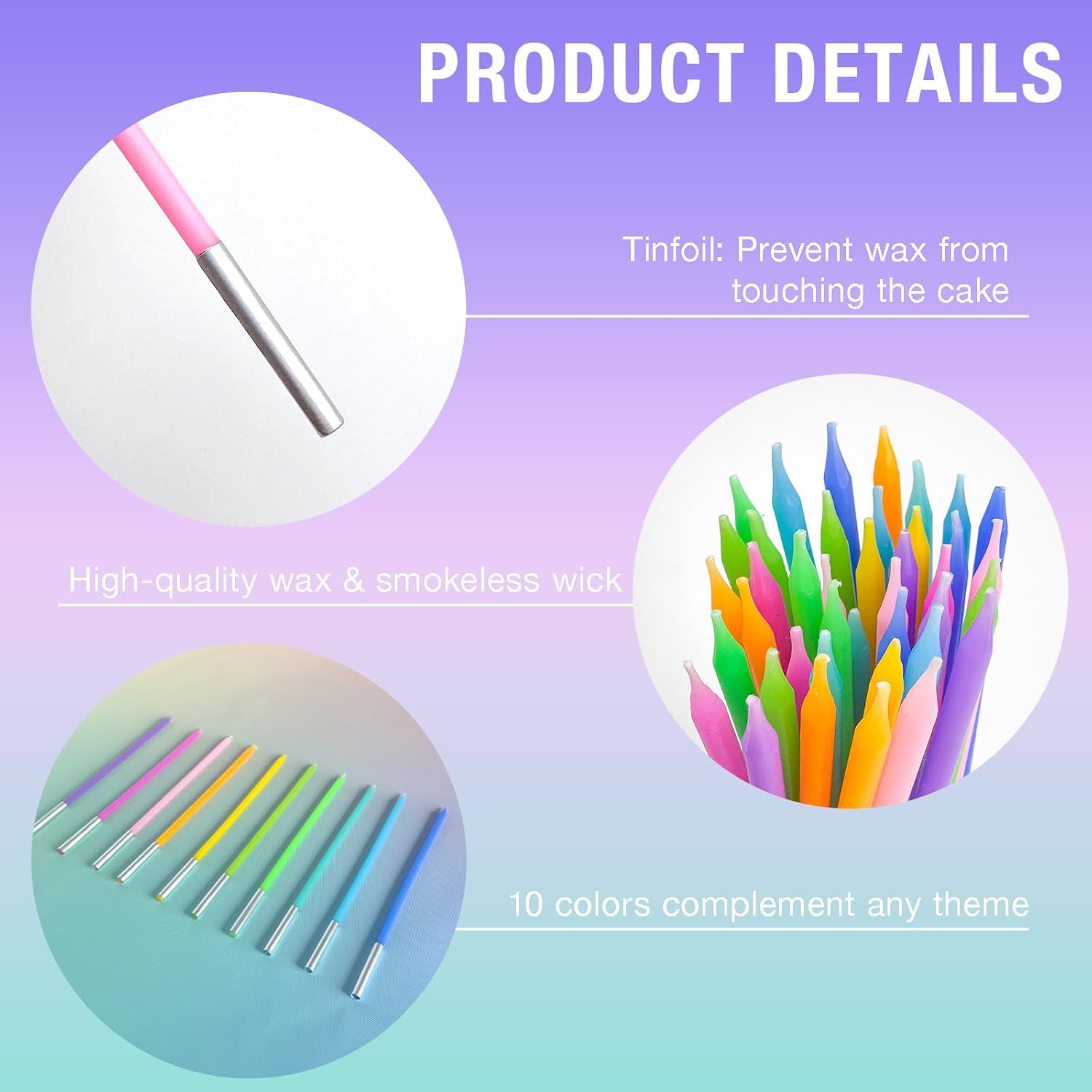 40-Count Rainbow Birthday Candles, Tall Thin Birthday Cake Candles Set, Rainbow Cupcake/Cake Decorations