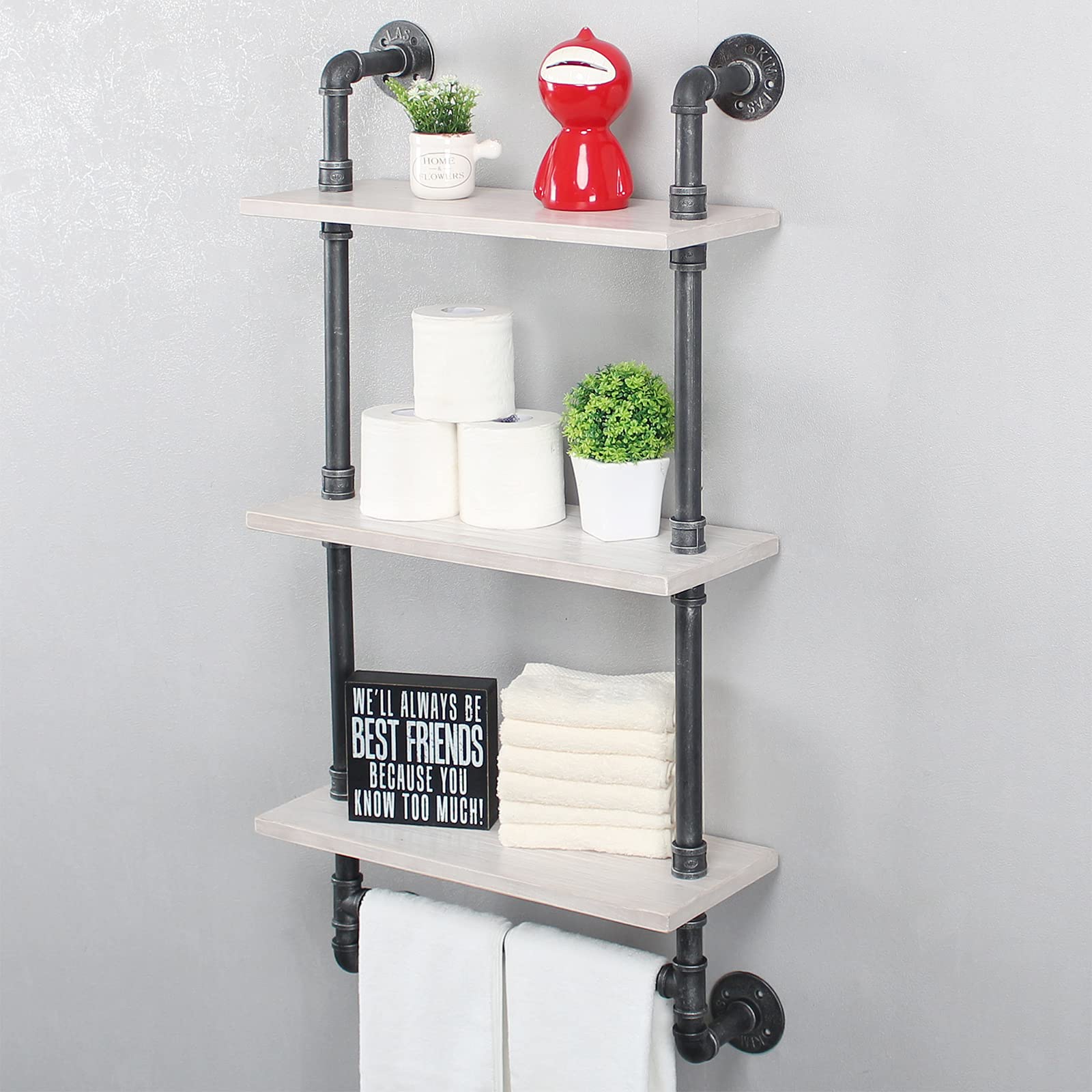 MBQQ Industrial Pipe Shelf Bathroom Shelves Wall Mounted,19.6in Rustic Wood Shelf with Towel Bar,1 Tier Farmhouse Towel Rack,Pipe Shelving Floating Shelves Towel Holder,Black & White